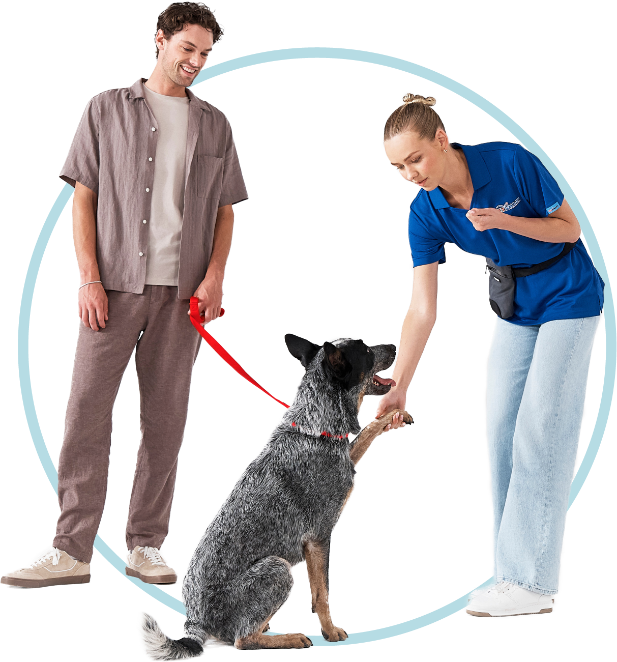 Pet Parent with a dog and a PetSmart Trainer demonstrating a paw shake