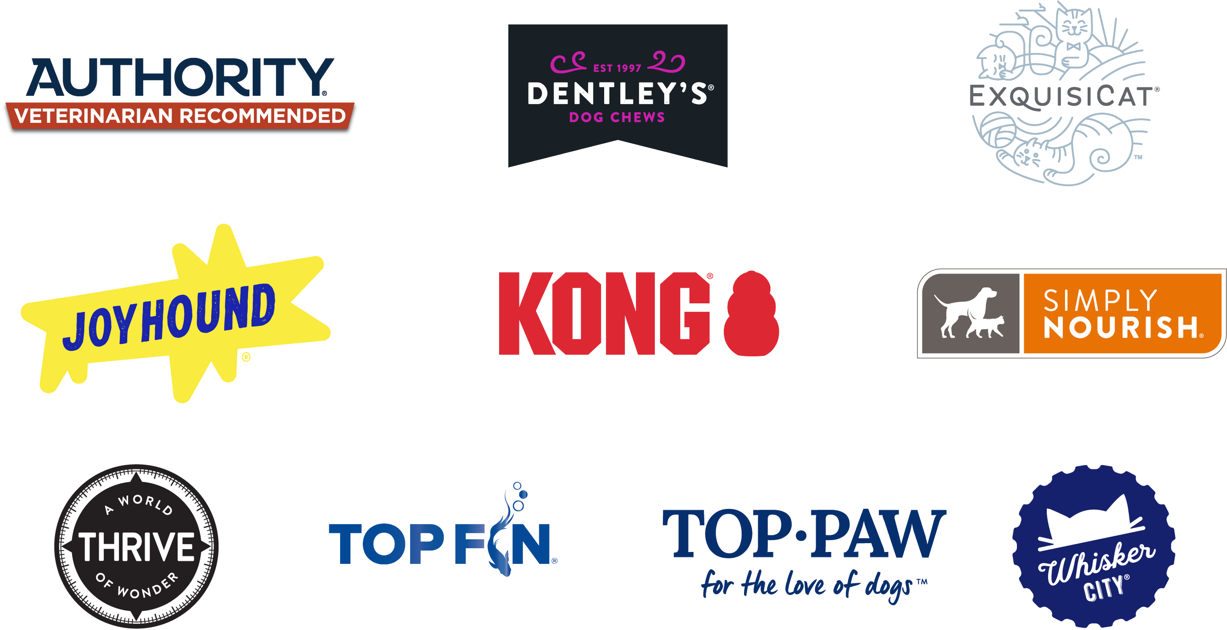 Grpahic: Collection of PetSmart Brand Logos. Authority, Dentley's, Exquisicat, Joyhound, Kong, Simply Nourish, Thrive, Top Fin, Top Paw, Whisker City