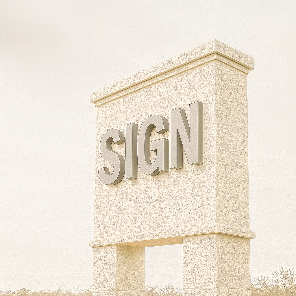 A large, beige outdoor sign with the word 'SIGN' in big, block letters mounted on a textured concrete structure.