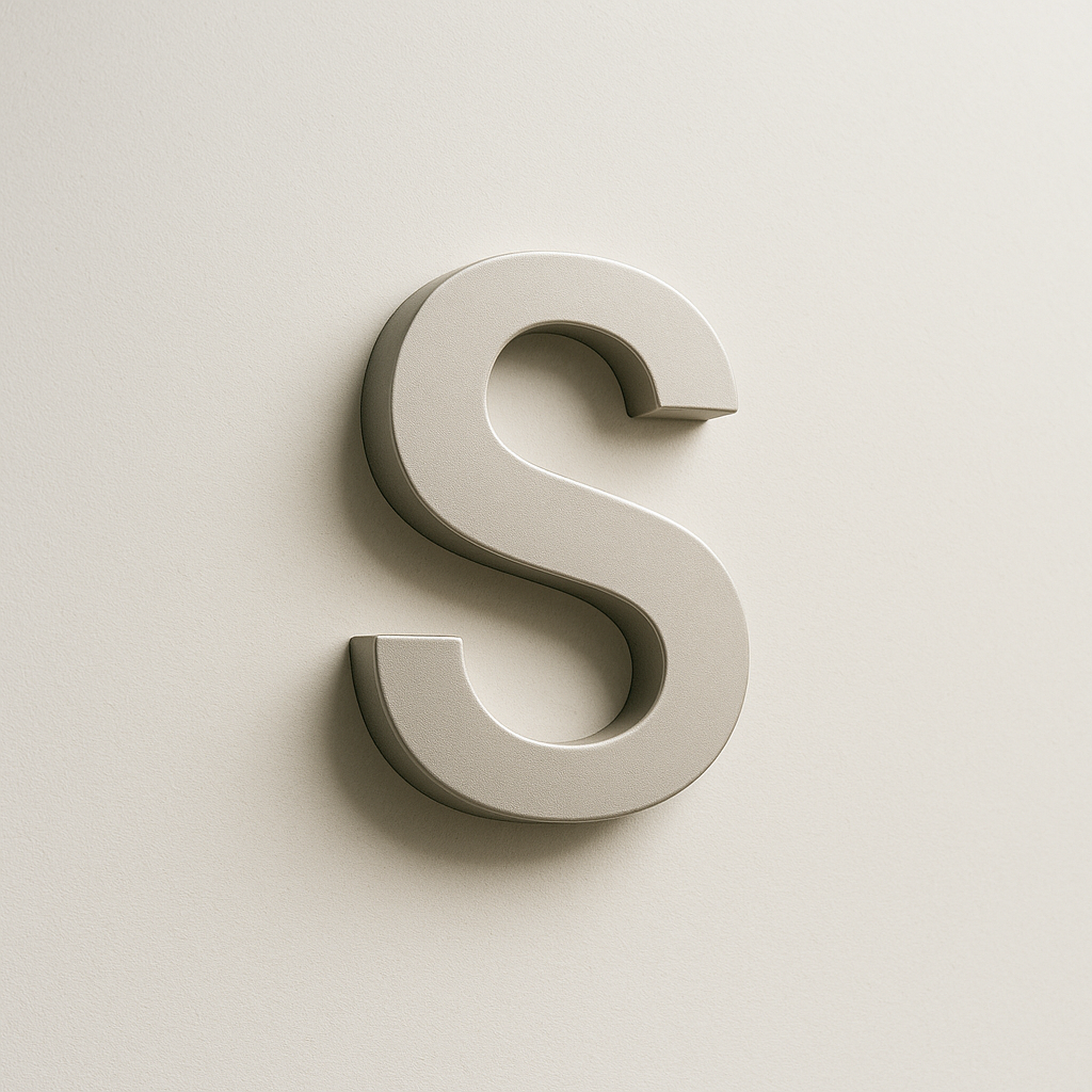 A large, three-dimensional letter 'S' mounted on a plain, beige wall.