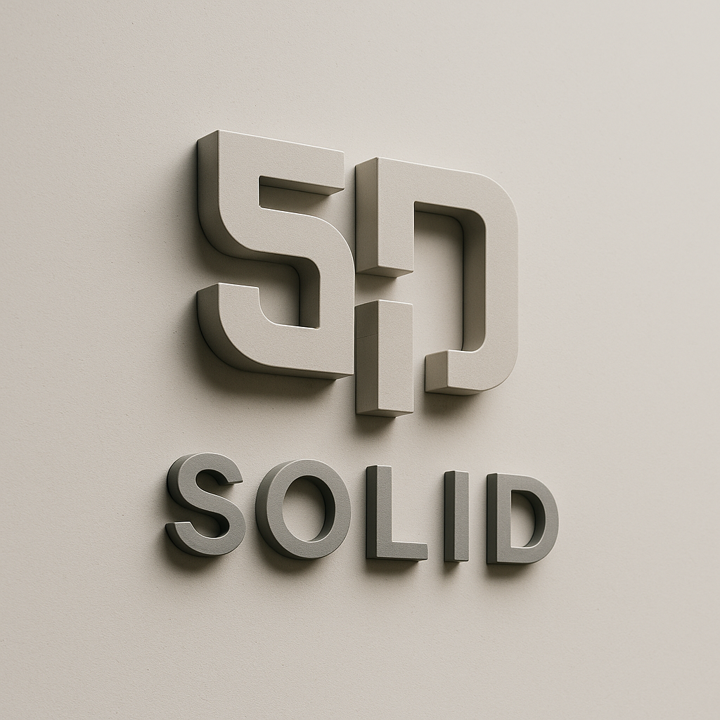 3D logo with the number 5 and the letter D intertwined above the word "SOLID" on a beige wall