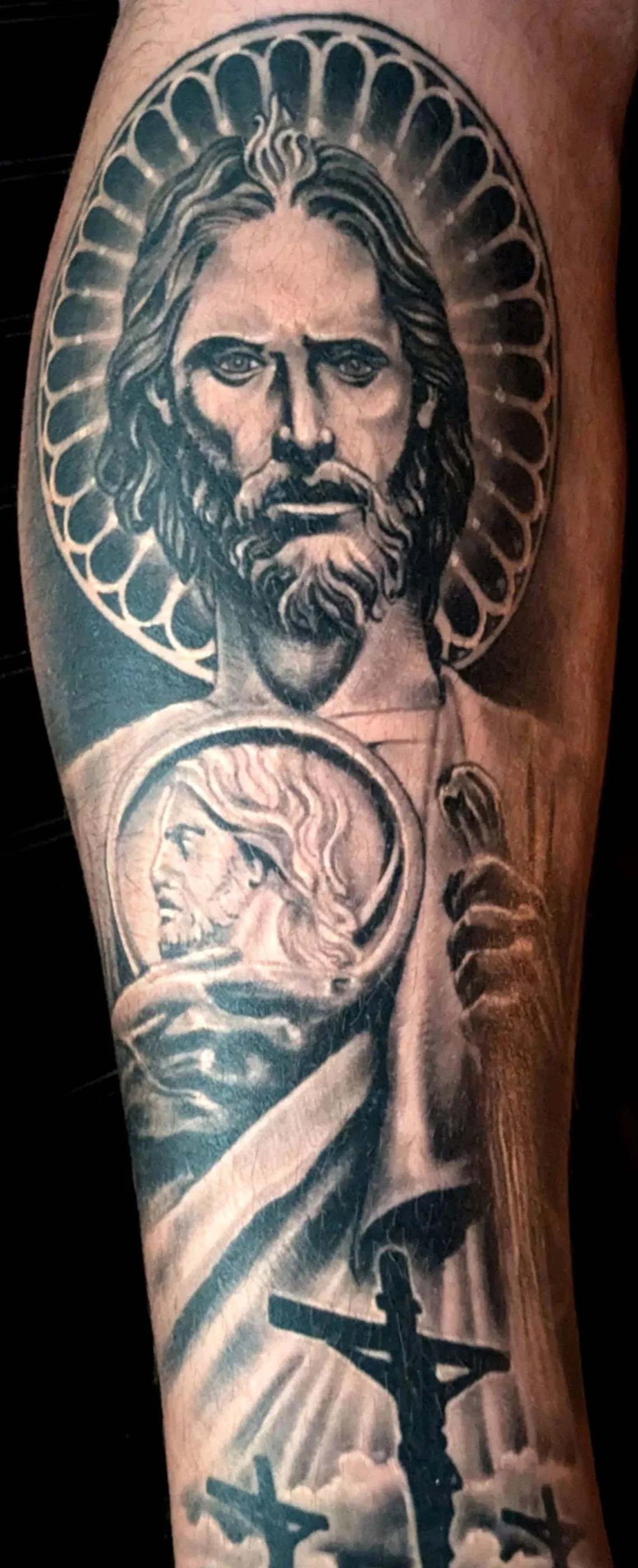 Black & Grey St Jude portrait tattoo
