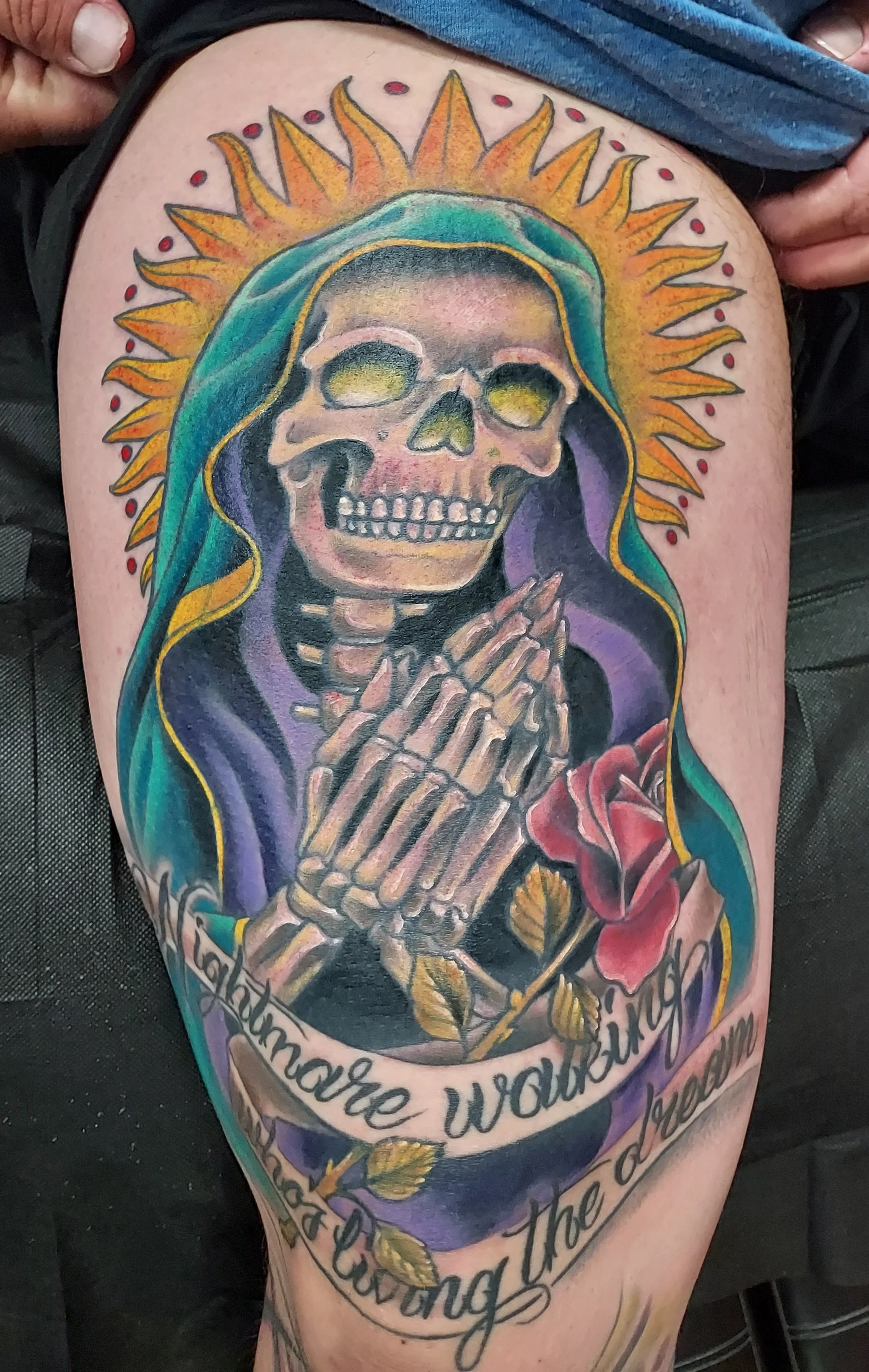 Neo-traditional Virgin de Guatalupe skeleton