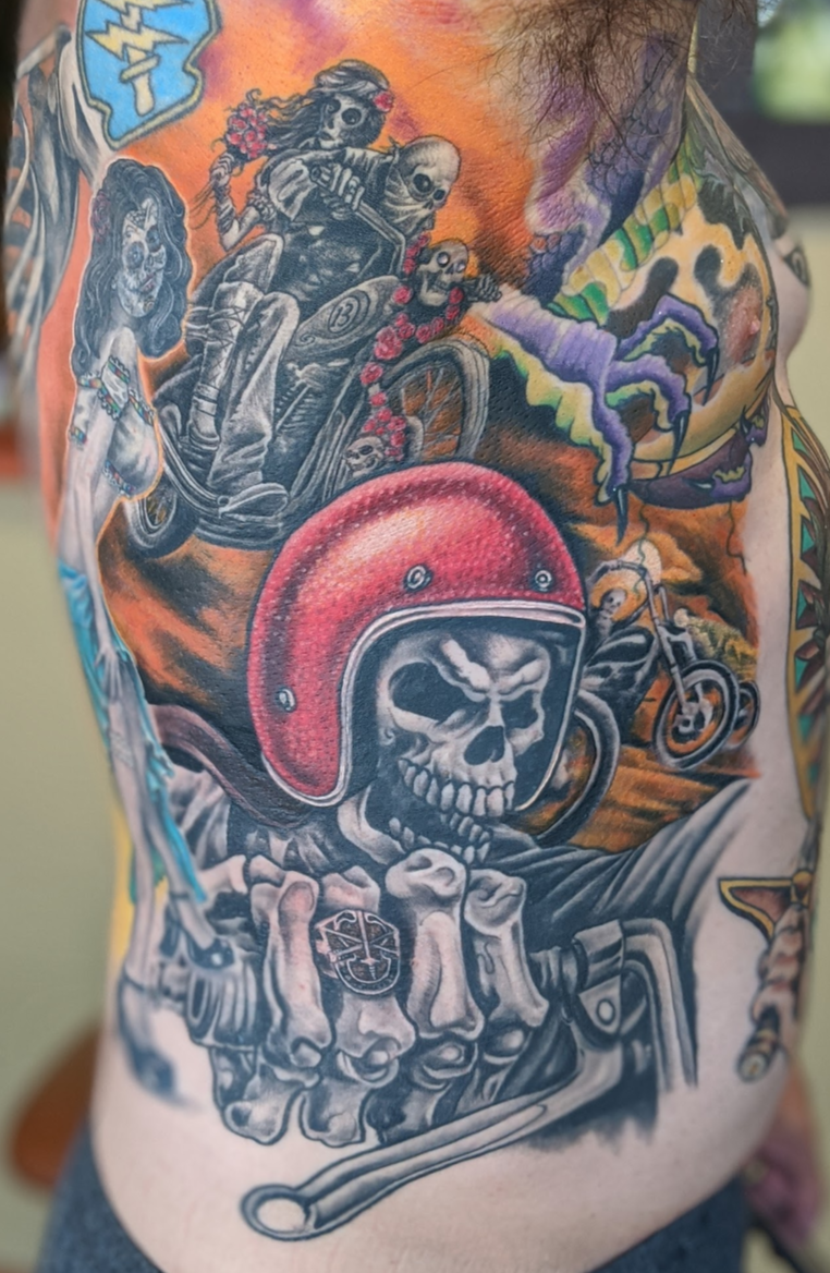 biker skeleton tattoo chopper