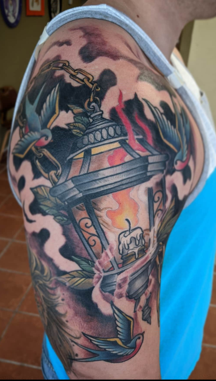 Neo-traditional lantern tattoo