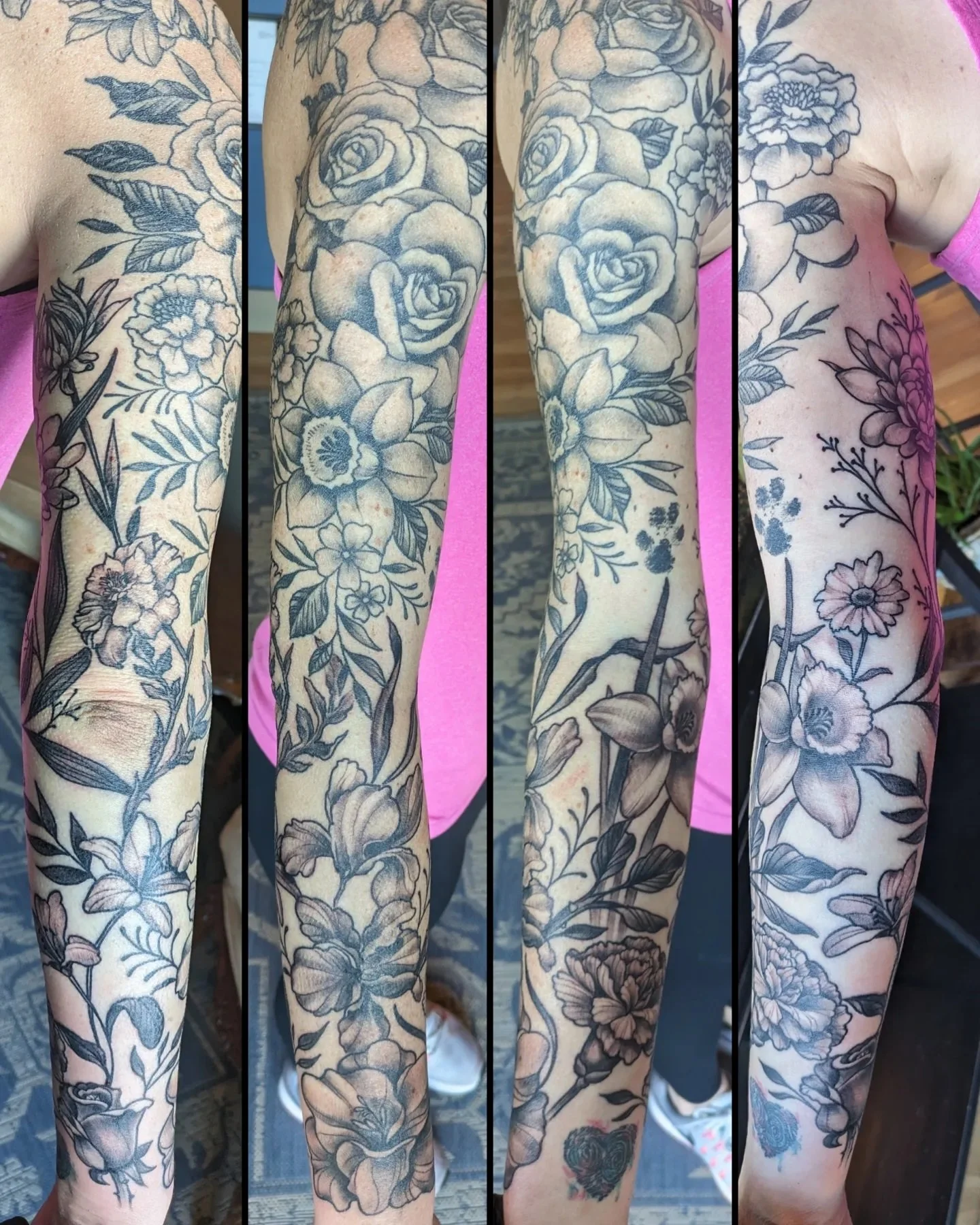Black & Grey floral flower sleeve tattoo