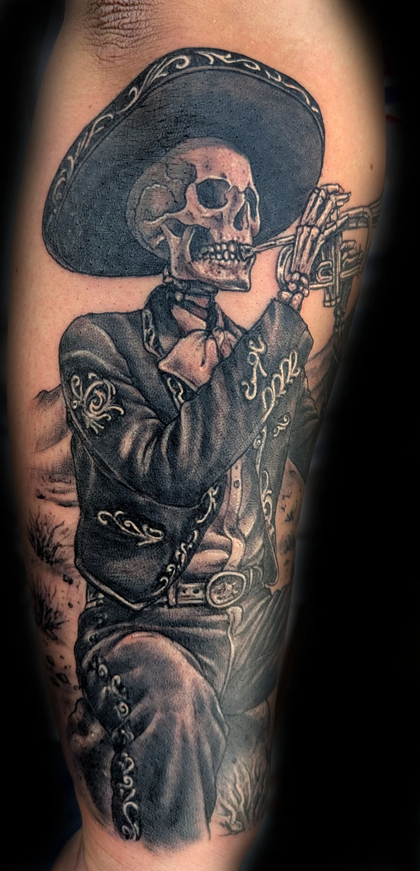 mariachi skeleton tattoo black and grey