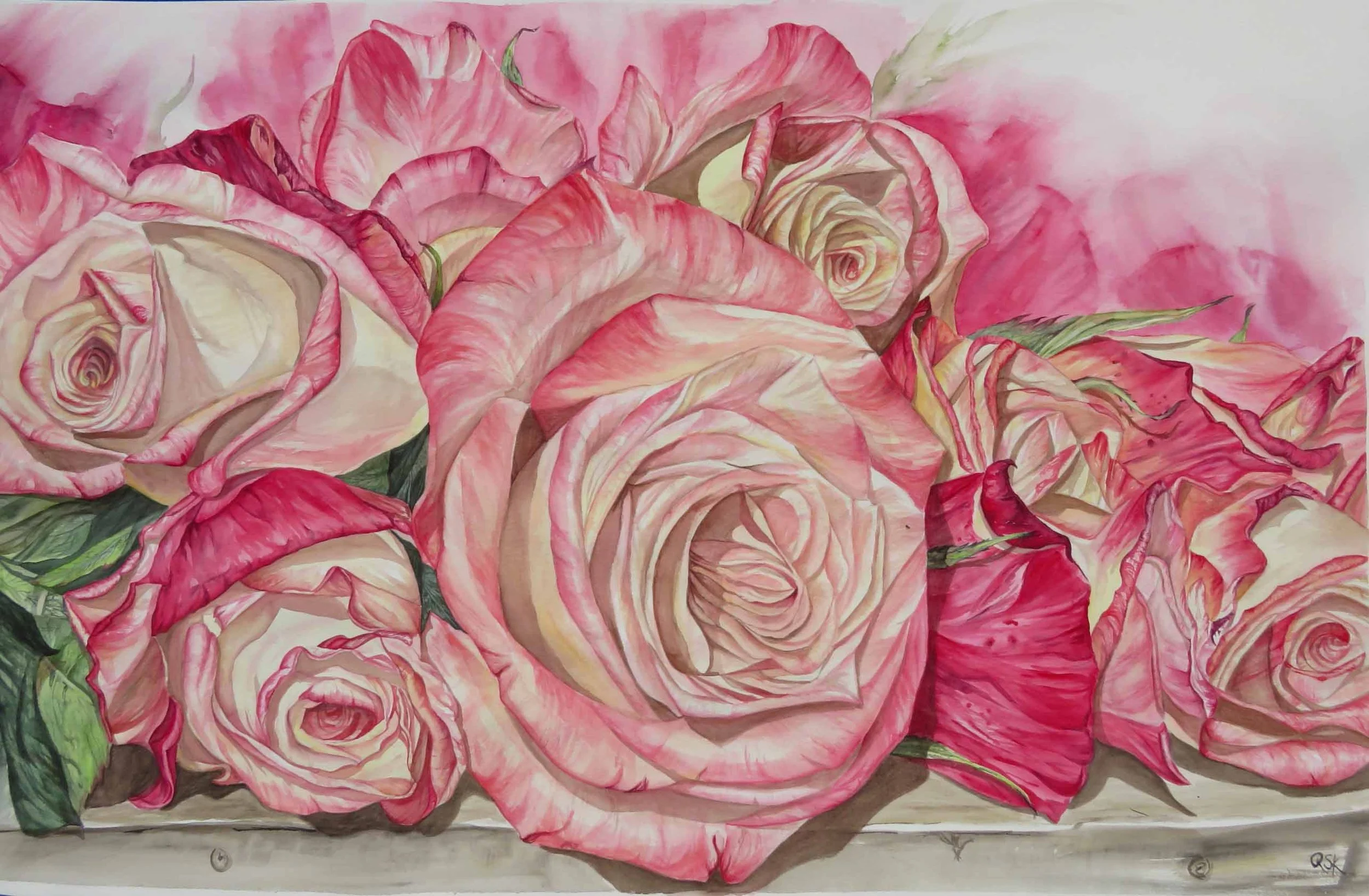 A painting of pink and cream roses with green leaves.