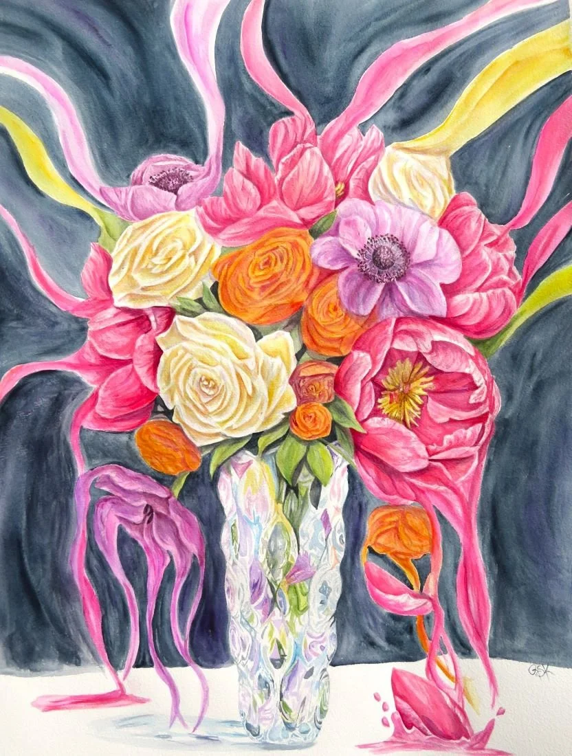 A colorful painting of a floral arrangement in a decorative vase with various pink, yellow, orange, and purple flowers and flowing pink and yellow ribbons against a dark background.