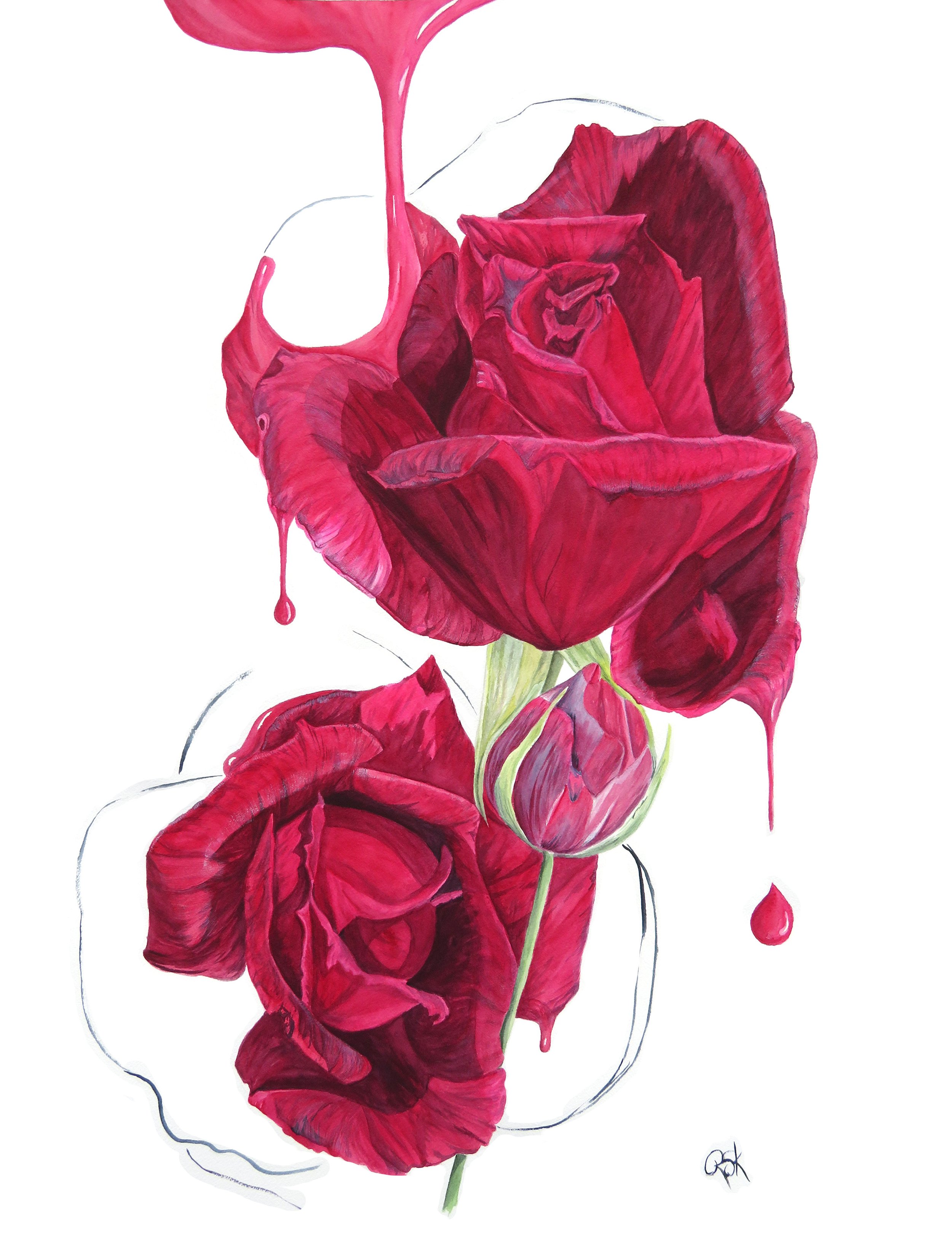 A painting of three red roses with a green stem, one rosebud, and red paint drips on a white background.