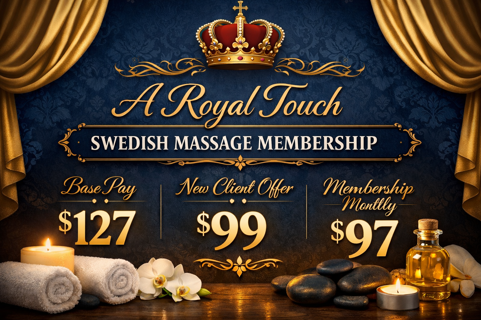 A promotional sign for a Swedish massage membership with a royal theme. The sign features a gold crown at the top, blue damask background, gold curtains on the sides, and a decorative gold border. The prices listed are: base pay $127, new client offer $99, and monthly membership $97. The bottom includes massage-related items like rolled towels, candles, orchids, massage oil, and stones.