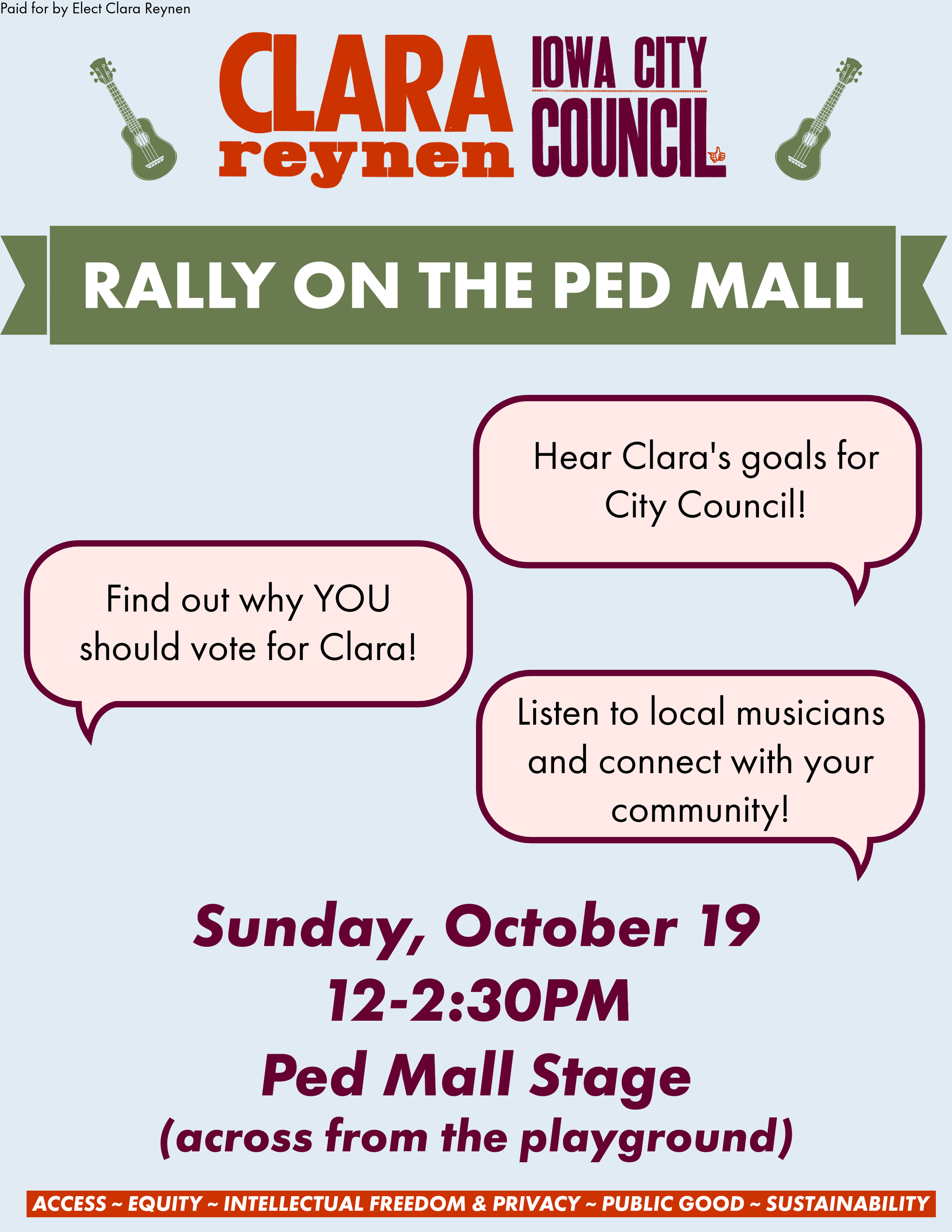 Graphic of flyer for rally that says "Hear Clara's goals for City Council" "Find out why YOU should vote for Clara" "Listen to local musicians and connect with your community"