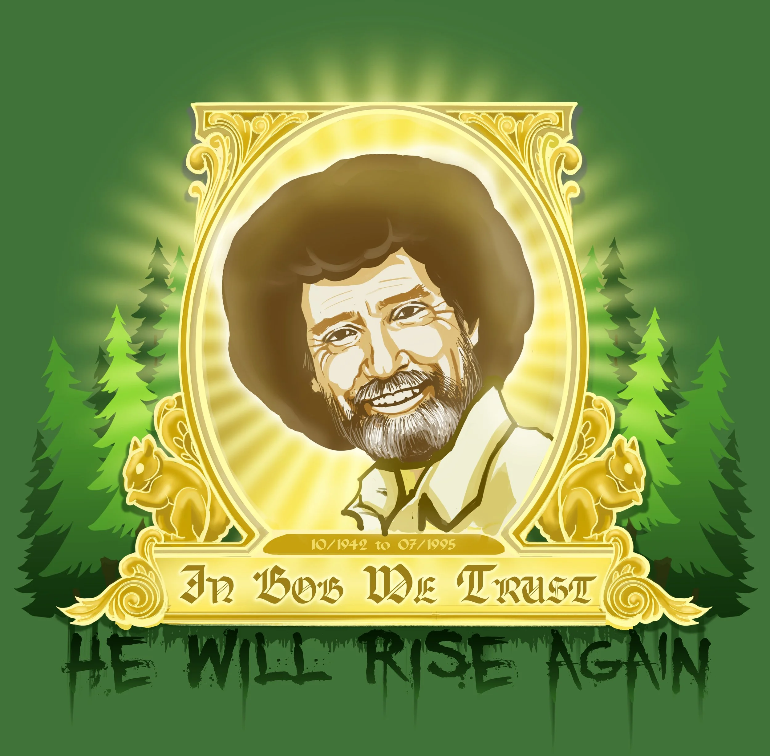 A stylized, golden framed portrait of a man with curly hair, glasses, and a beard, set against a green background with pine trees. The portrait has a radiant glow and includes two bears on each side of the frame. Text below the portrait reads 'In Bos