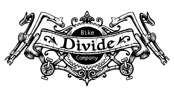 Logo for Bike Divide Company featuring two crossed bicycles and ornate decorative elements.