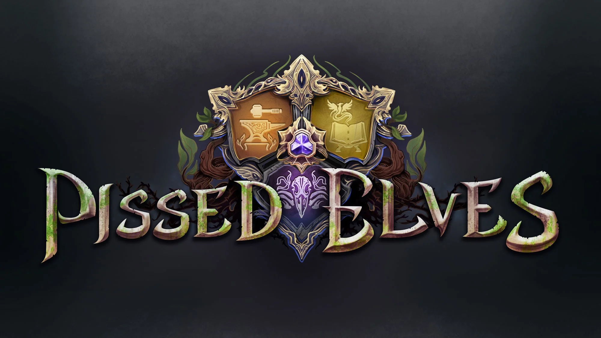 The logo for the game 'Pissed Feys' featuring a dark background, a crest with shield symbols, and the game's title in a distressed, mossy font.
