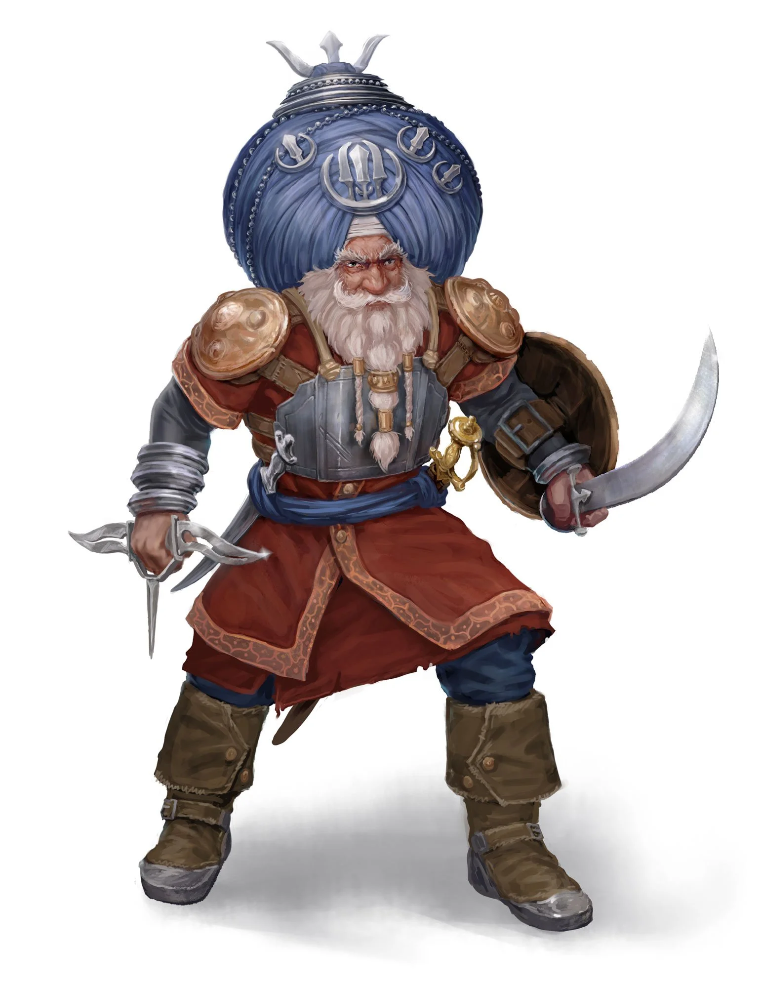 A fantasy pirate dwarf with a large blue turban, armed with curved swords, dressed in armor, with a white beard and fierce expression.