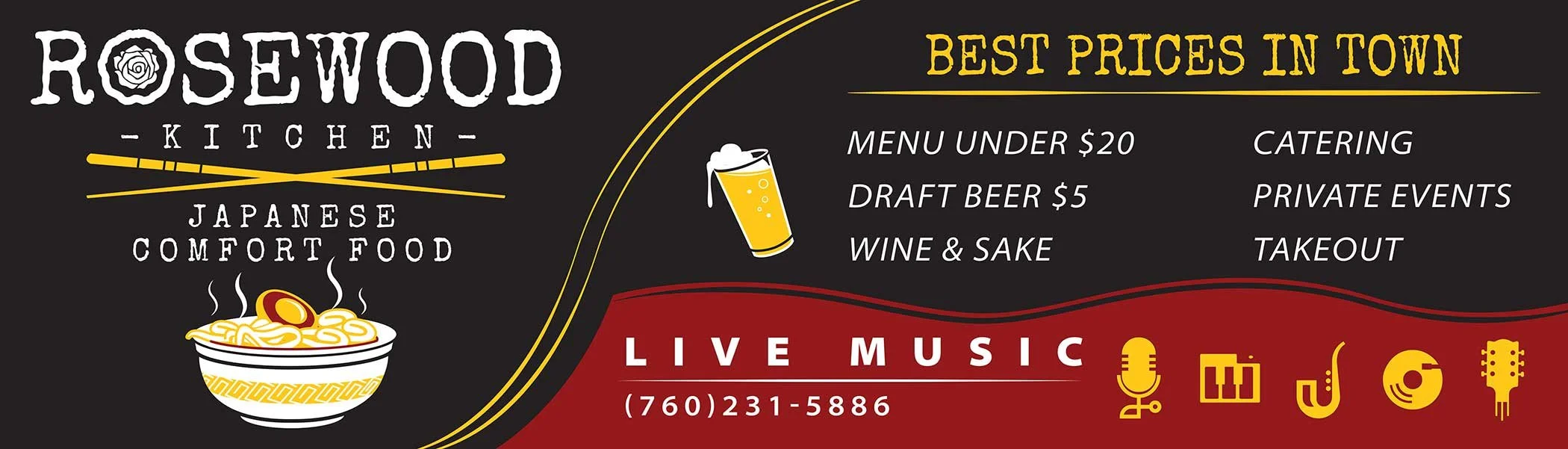 Flyer for Rosewood Kitchen advertising Japanese comfort food, live music, and various services including catering, private events, and takeout with a phone number. The flyer features a bowl of steaming noodles with an egg, a beer glass illustration,