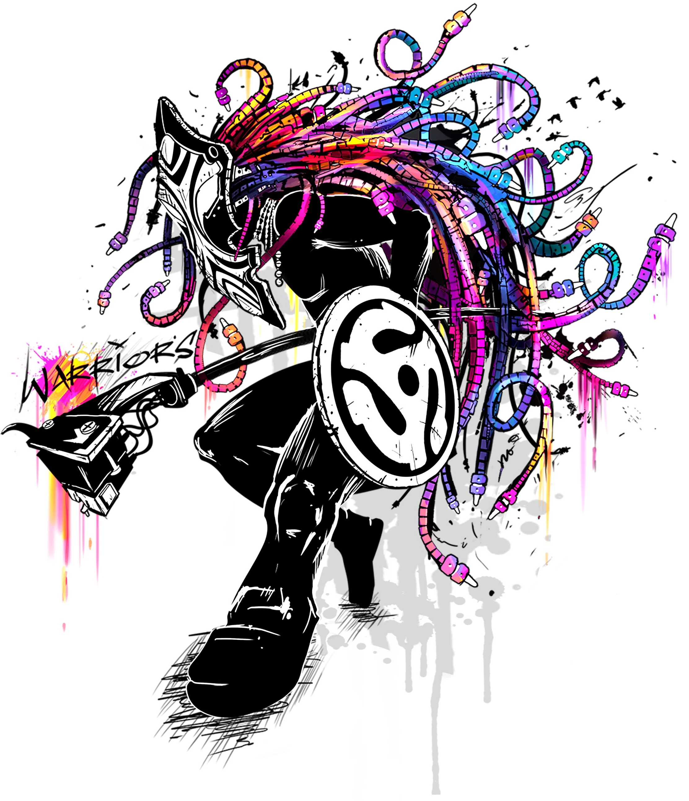 Street art-style illustration of a warrior with a helmet, holding a shield with an angry face, surrounded by colorful cables with a graffiti "WARLORDS".