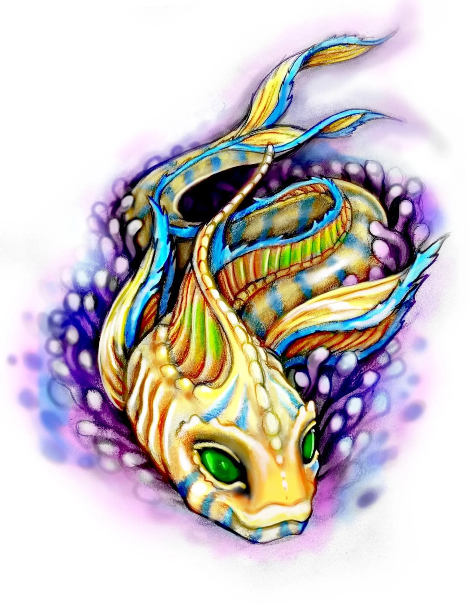 Colorful, stylized drawing of a dragon with green eyes, yellow and blue scales, surrounded by purple bubbles.