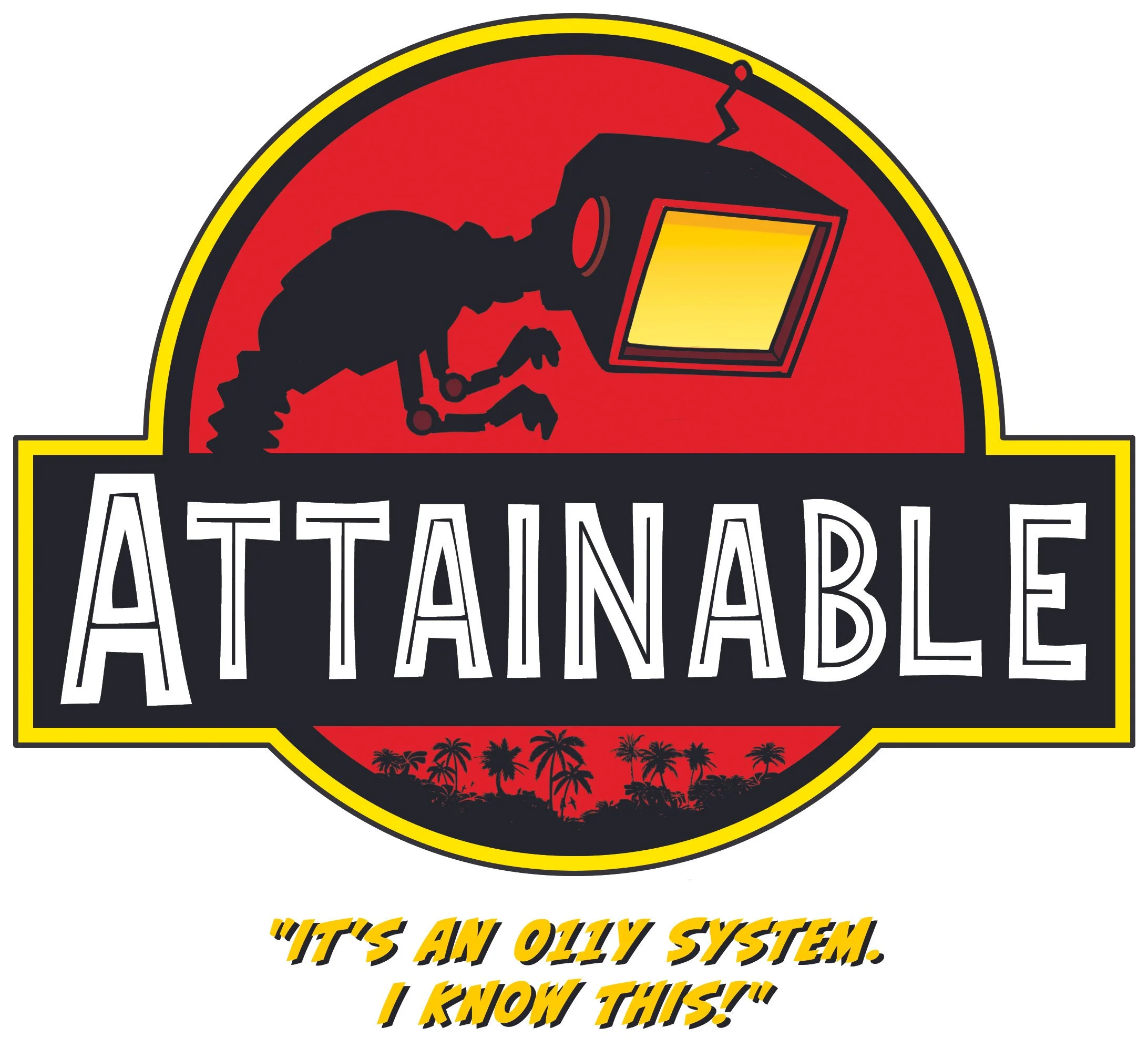 Logo for Attackable featuring a dinosaur with a computer monitor for a head, with the text 'ATTACKABLE' and the slogan 'It's an olly system. I know this!'