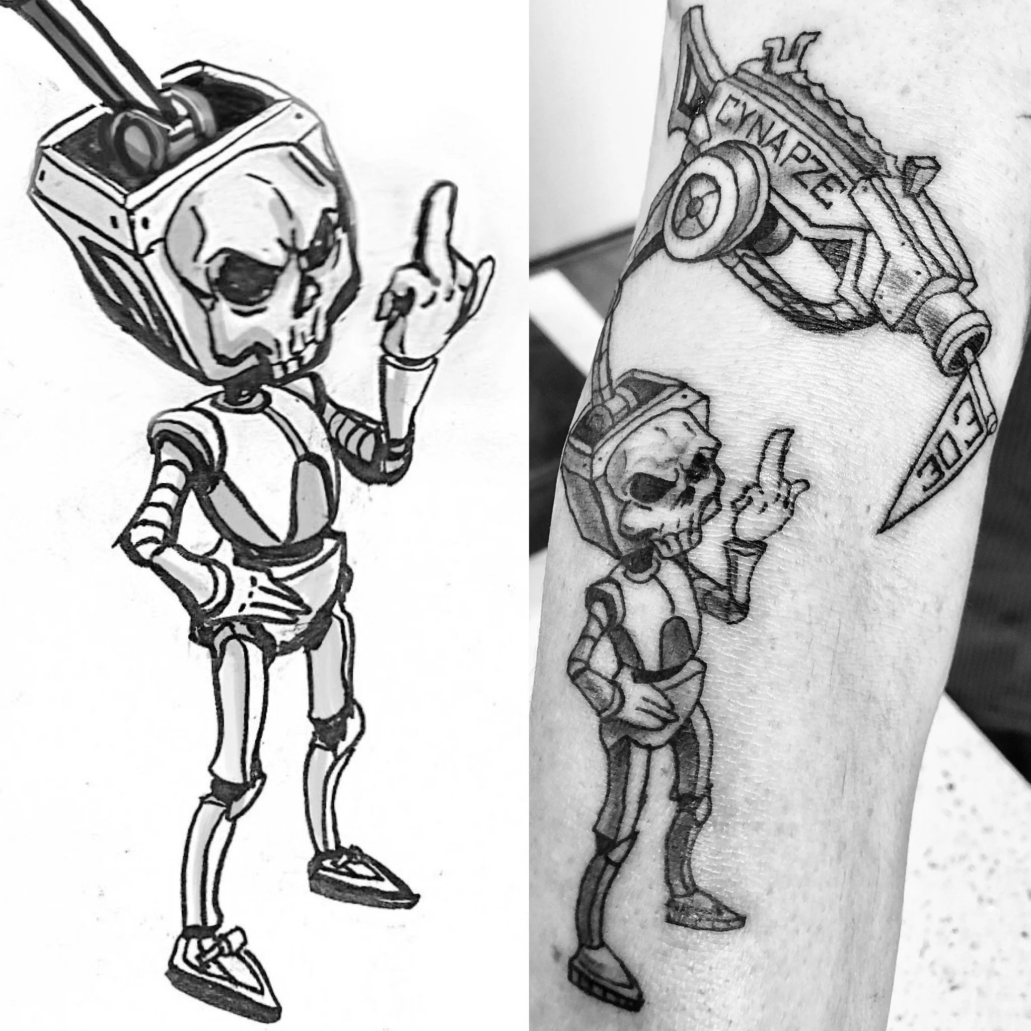 Black and white tattoo of a skeleton in a police uniform with a police badge on the cap, holding a hand to the head with one finger raised, wearing sneakers, with the other hand on the hip.