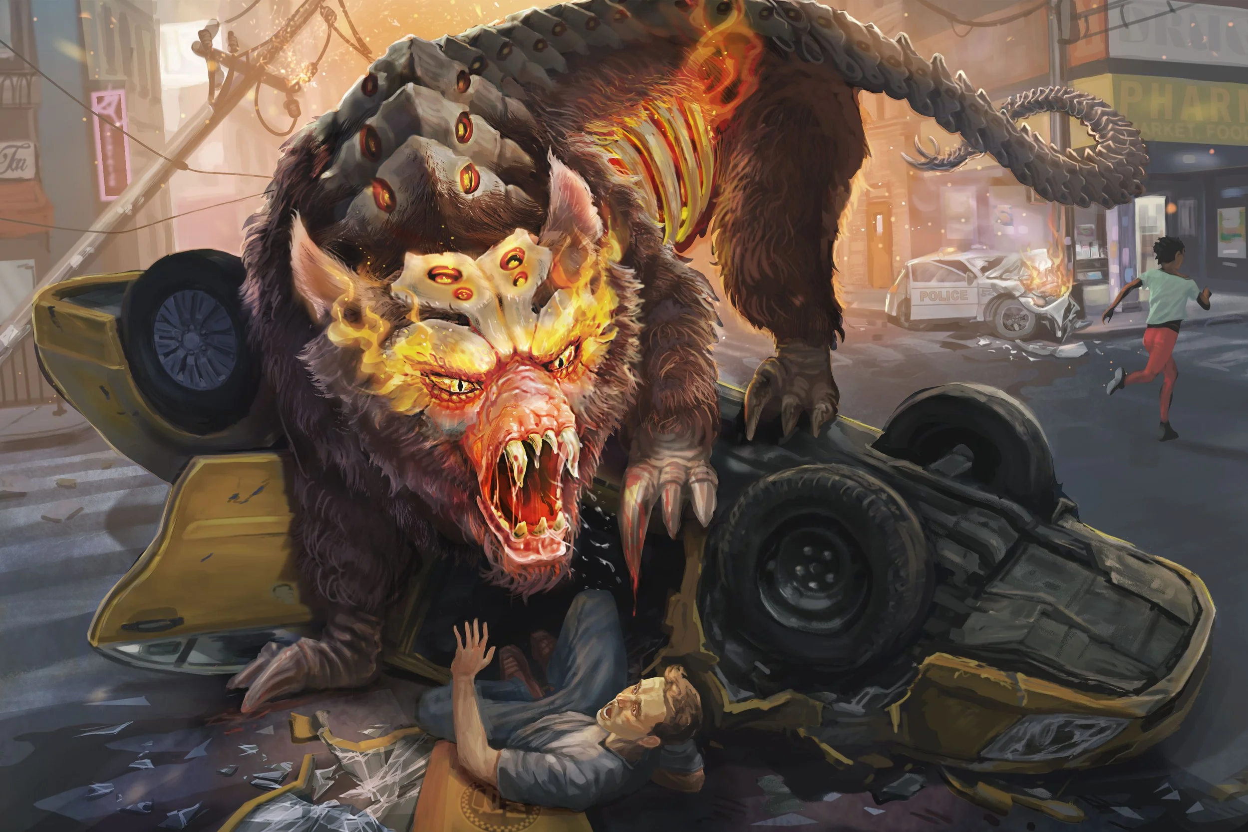 A giant, fire-breathing, multi-eyed monster with a lion-like face and a long tail is attacking a city street, smashing a yellow car and causing chaos. People are fleeing in the background, with a fallen person lying under the car.