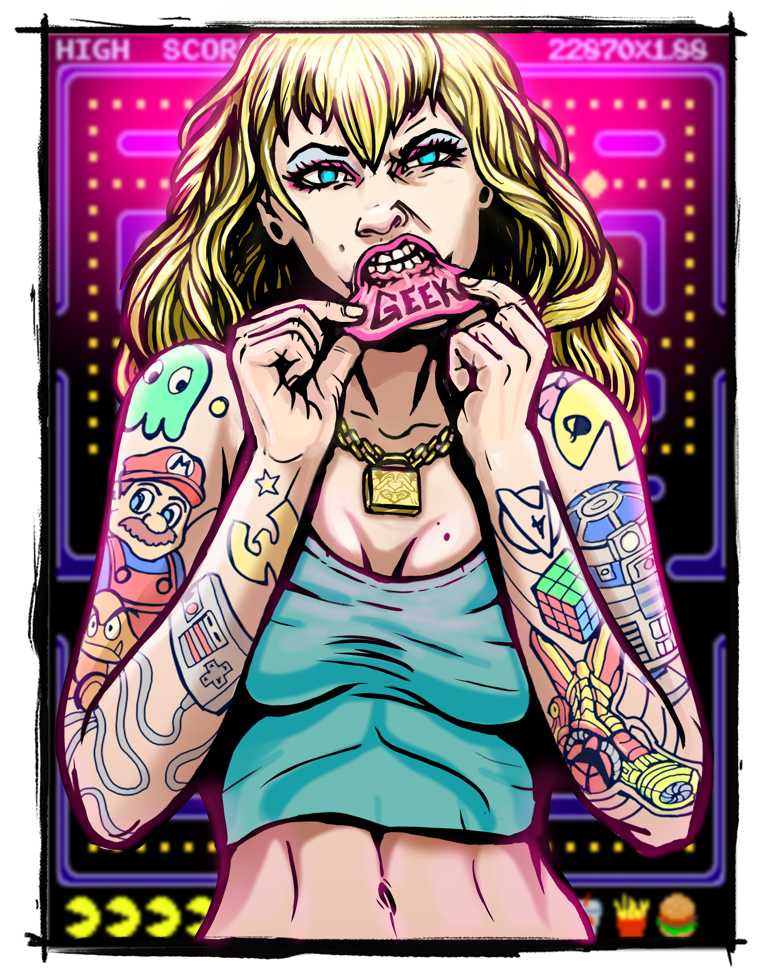 A cartoon-style illustration of a woman with blonde hair, blue eyes, and tattoos on her arms, holding a pink chip with the word 'GEEK' in her mouth. She is wearing a light blue top and a gold necklace. The background features a neon pink and purple a