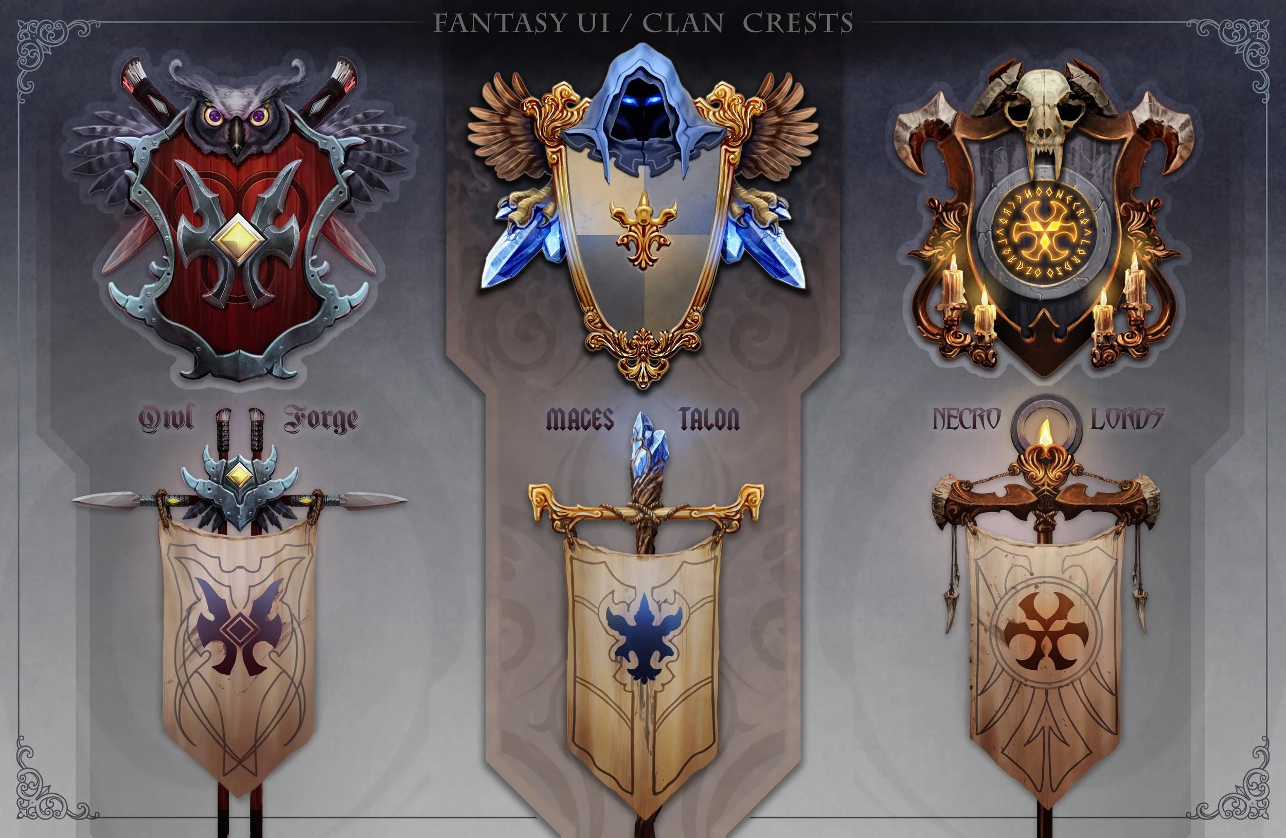 Award banners for various fantasy clans, including Owl Forge, Maces Talon, Necro Lords, with detailed crest designs, weapons, and symbols.