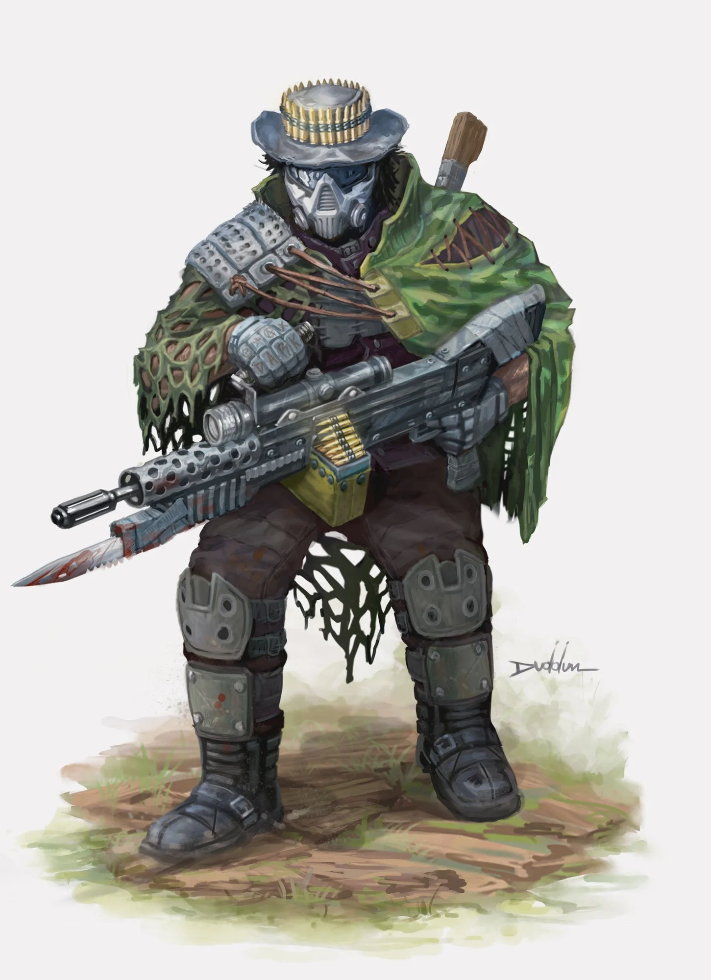 A futuristic soldier wearing a gas mask, tactical gear, and a shield hat, holding a large gun with a bayonet, standing on a patch of ground.