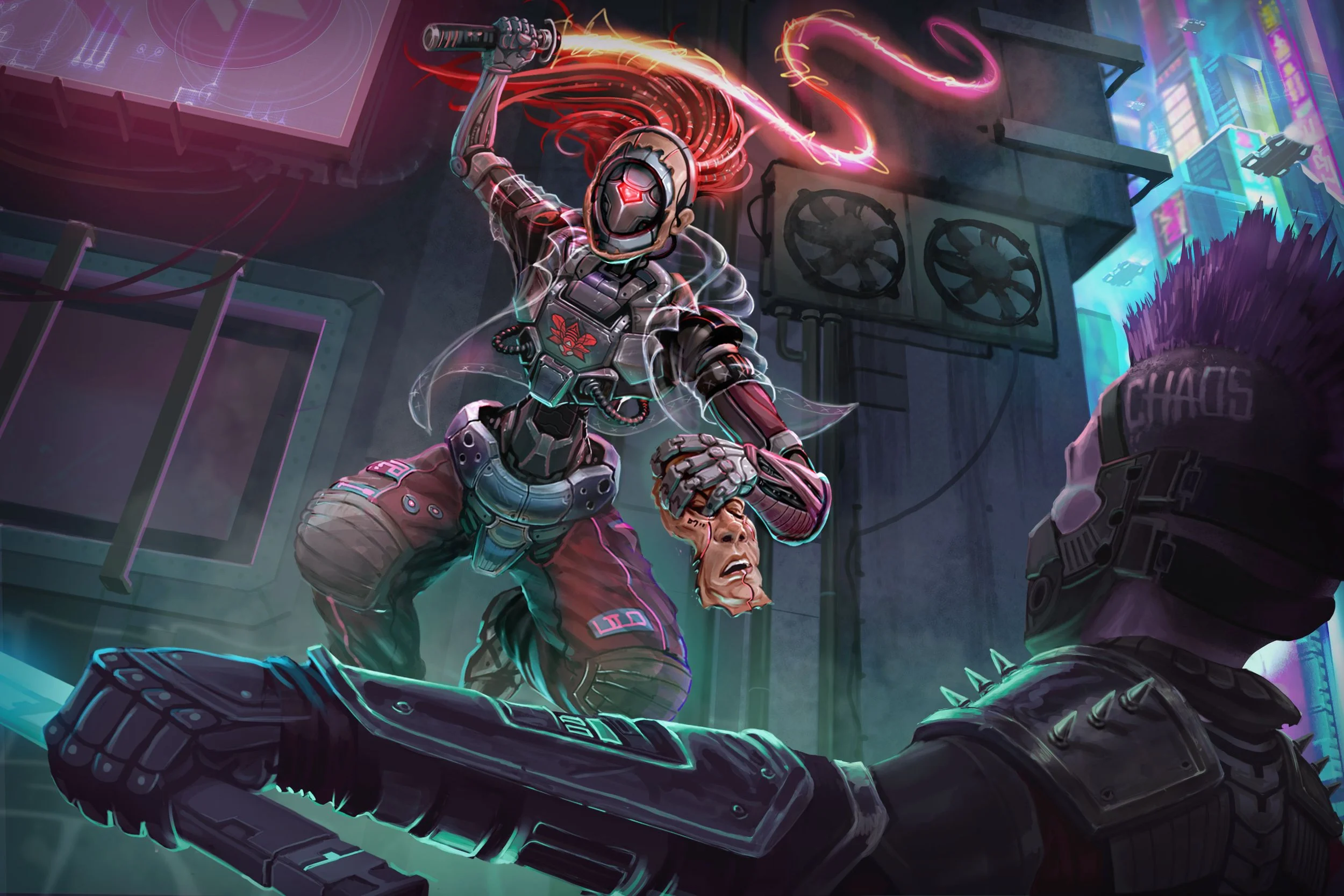 A futuristic cyberpunk scene featuring a robotic figure with a mask and glowing red eyes attacking a man with purple hair wearing a leather jacket, in a neon-lit urban environment.