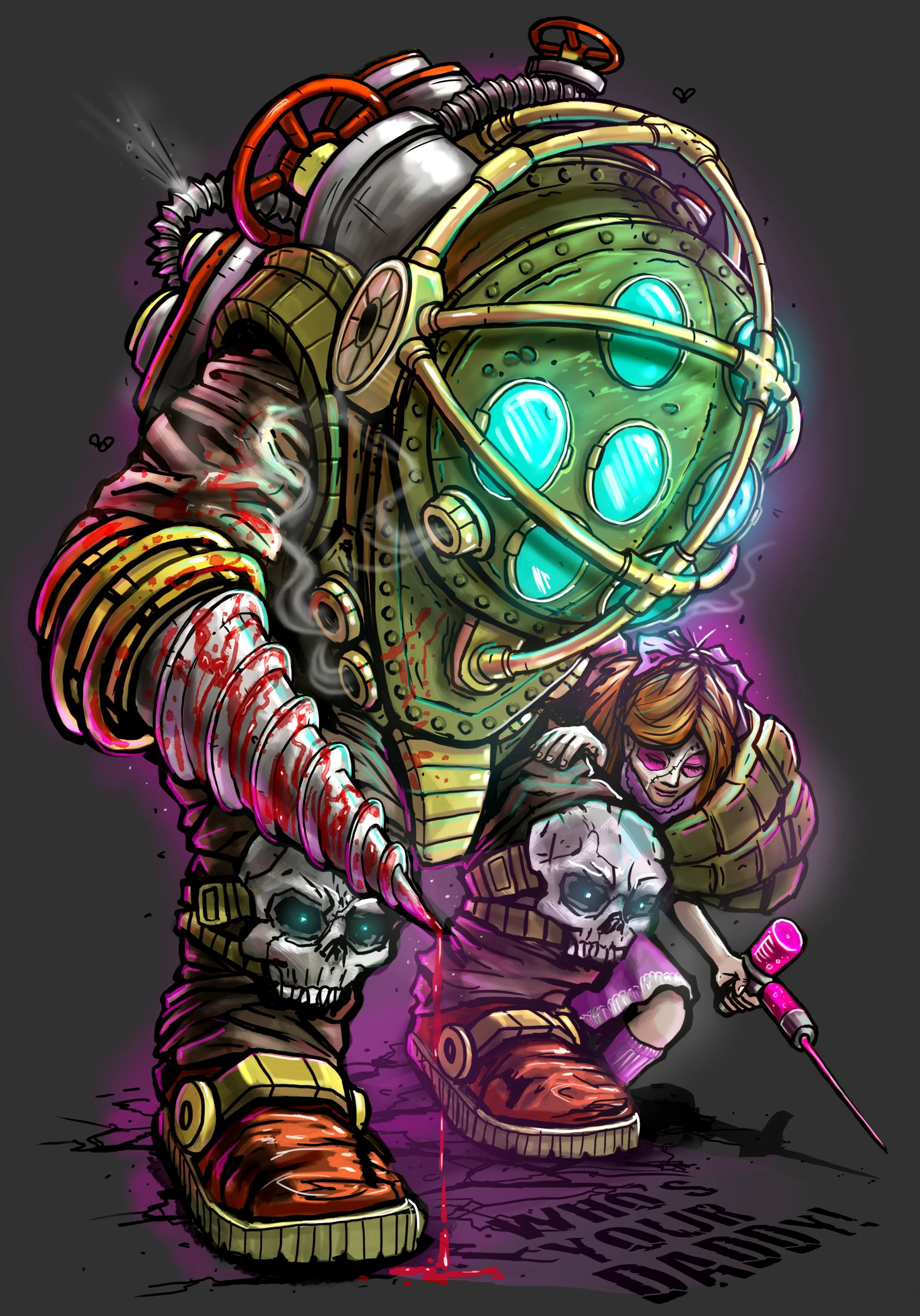 A humanoid figure in a deep-sea diving suit holding a skull with glowing eyes and a blood-stained injection needle, standing over the text 'Nothing You Expect' on the ground.