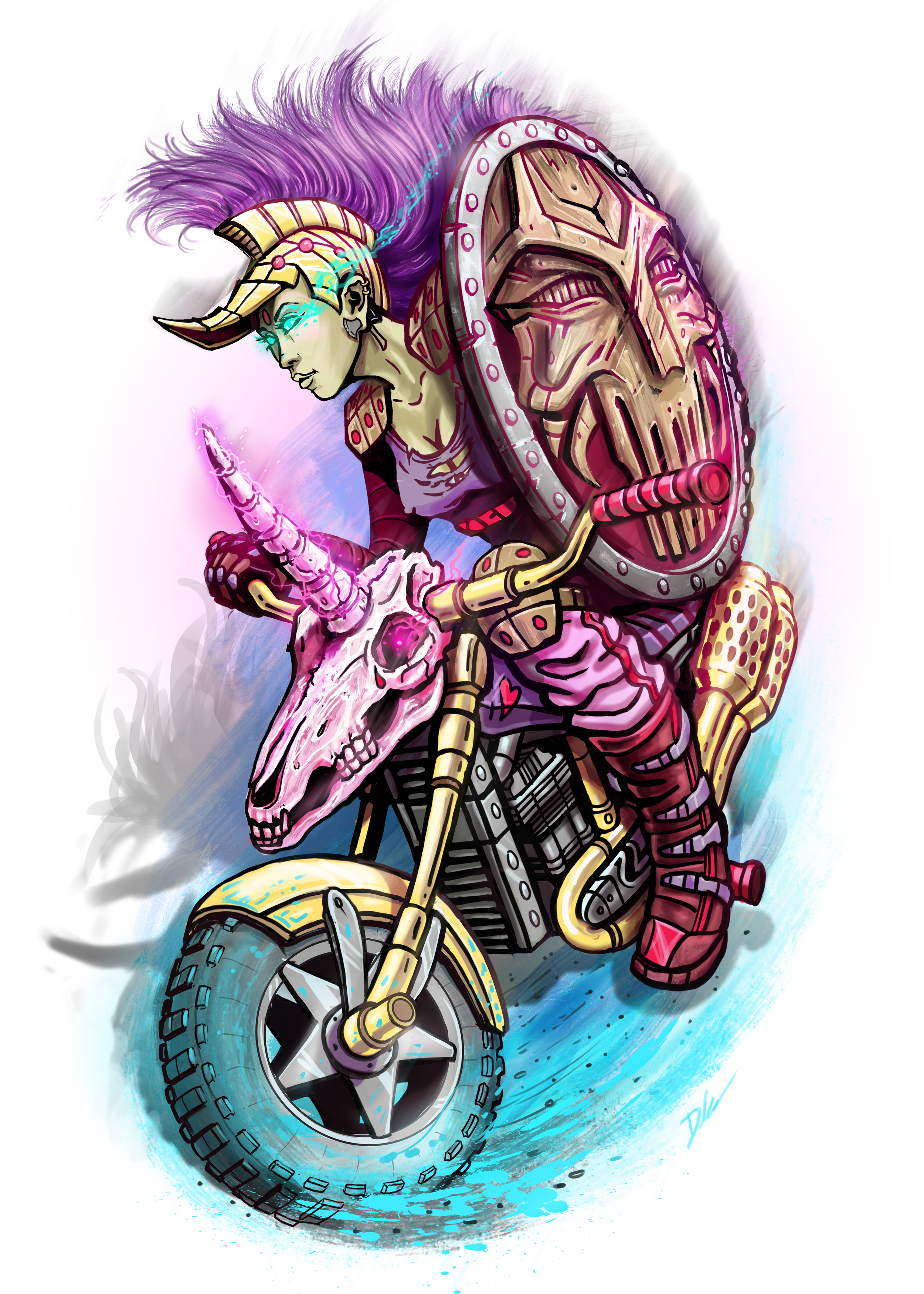 A futuristic cyclist riding a motorcycle with a unicorn skull, a tribal mask, and a female rider with neon accents, set against a vibrant pink and blue background.