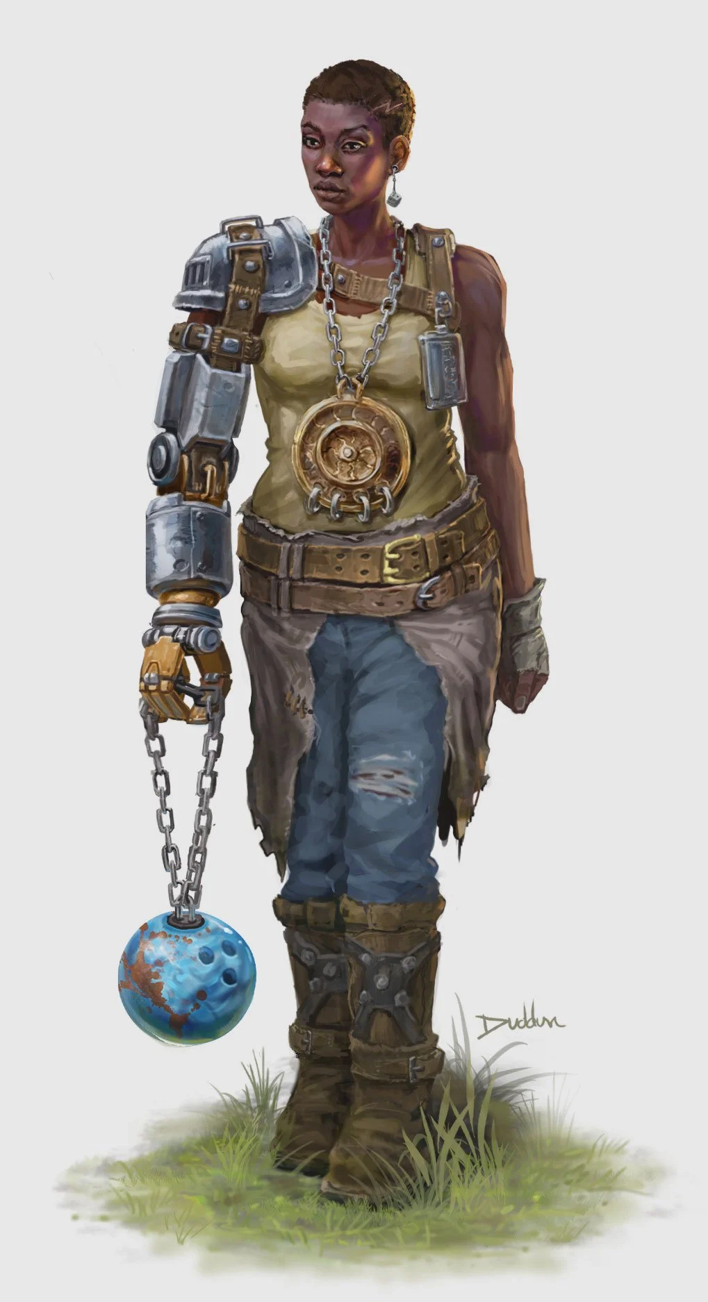 A woman with a robotic arm and a cyberpunk style, wearing a tank top and ripped jeans, holding a chain with a miniature Earth globe on it.