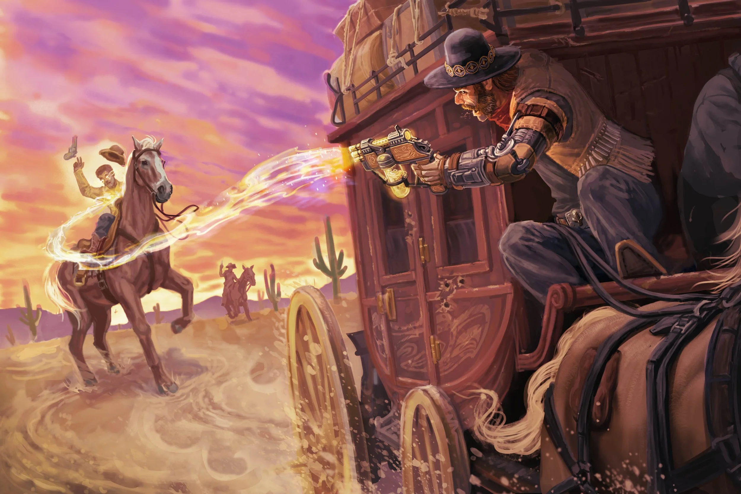 A Western-themed scene at sunset with a man in a cowboy hat shooting a gun at a man on a horse, who is wielding a glowing lasso. The scene features a covered wagon, desert landscape with cacti, and a pink and orange sky.