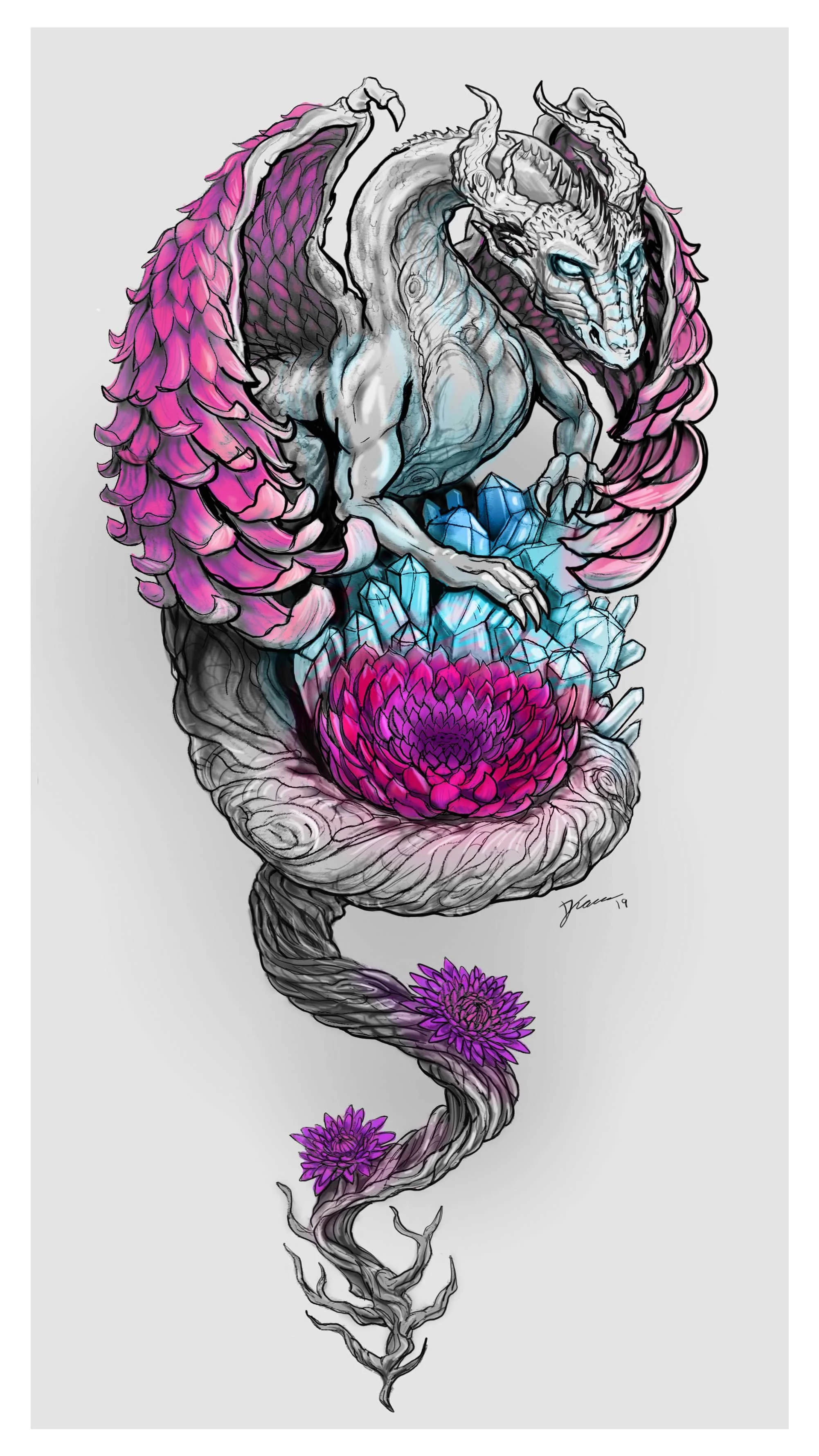 A fantasy illustration of a dragon with a serpentine body, dragon eyes, and horns, surrounded by pink and purple flowers and blue crystalline structures.