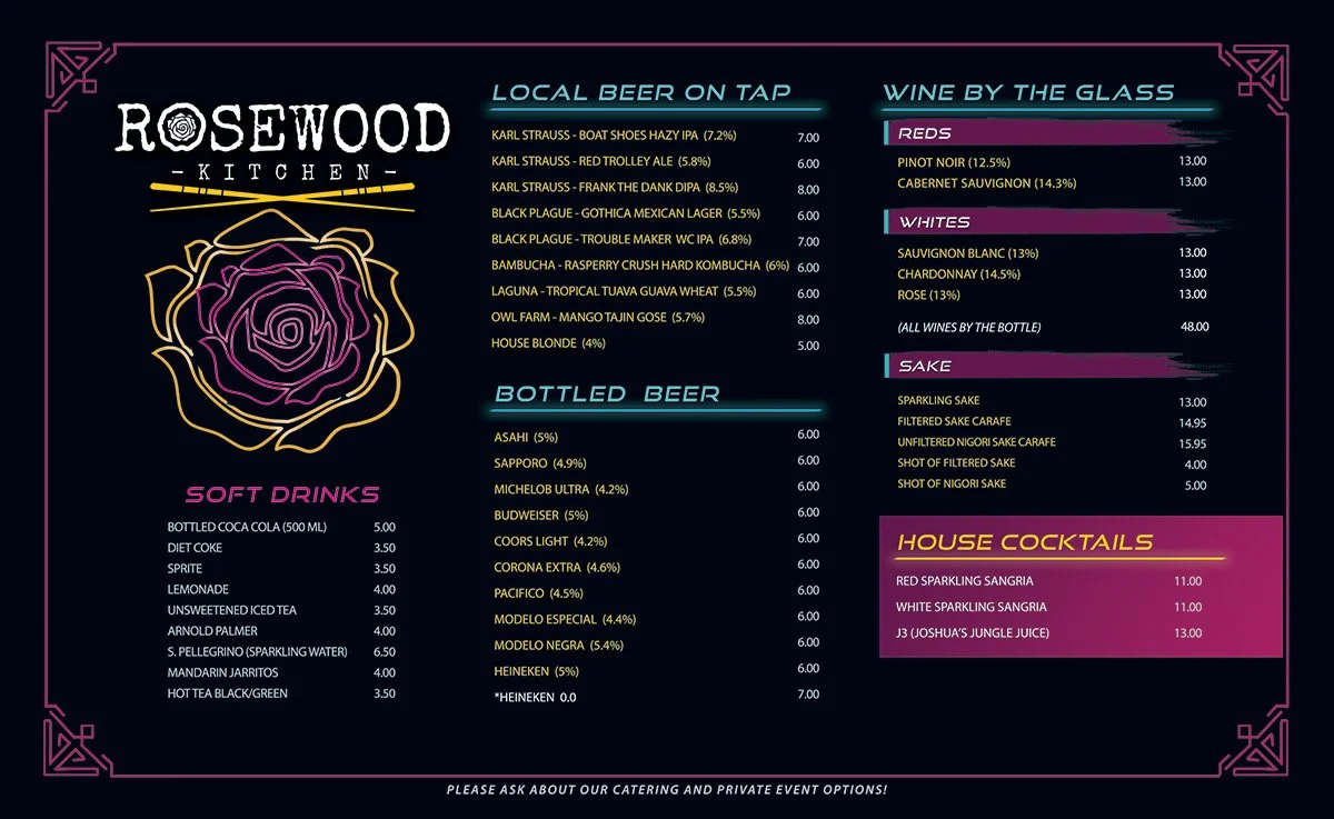 Rosewood Kitchen menu with sections for soft drinks, local beer on tap, bottled beer, wine by the glass, sake, and house cocktails, featuring various drinks and prices.