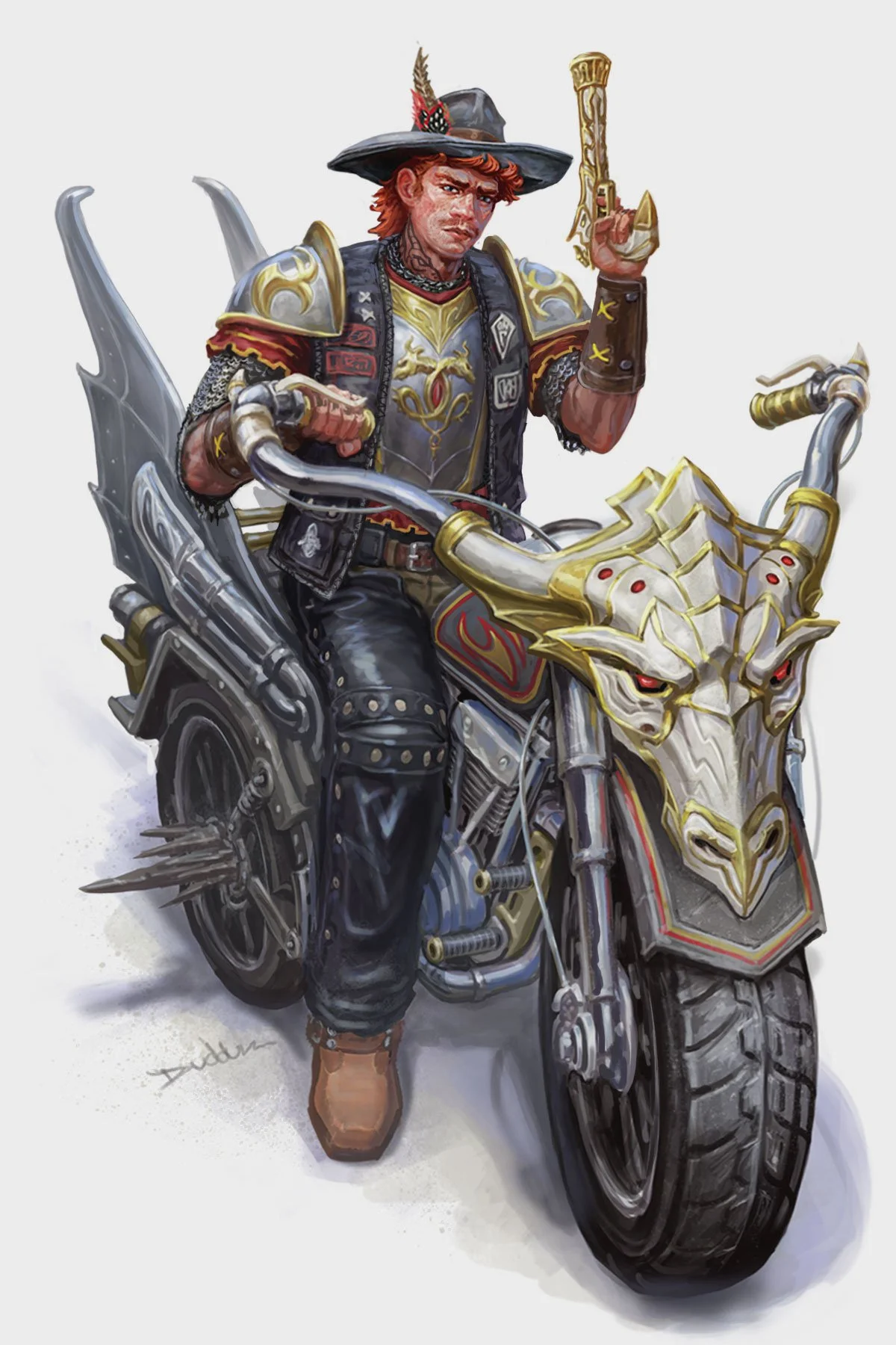 A person in fantasy armor riding a motorcycle with a dragon-themed front plate and holding a gold gun.