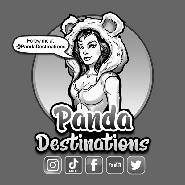A black and white cartoon woman wearing a panda hat with ears, with text bubble saying "Follow me at @PandaDestinations." Below her, large styled text reads "Panda Destinations." Icons for Instagram, TikTok, Facebook, YouTube, and Twitter are display