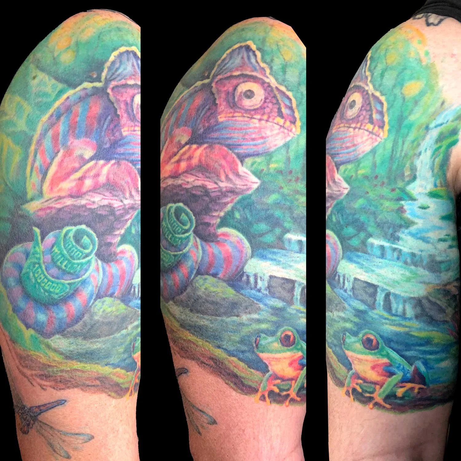 Colorful tattoo of frogs, chameleons, and a chameleon in a pond scene.