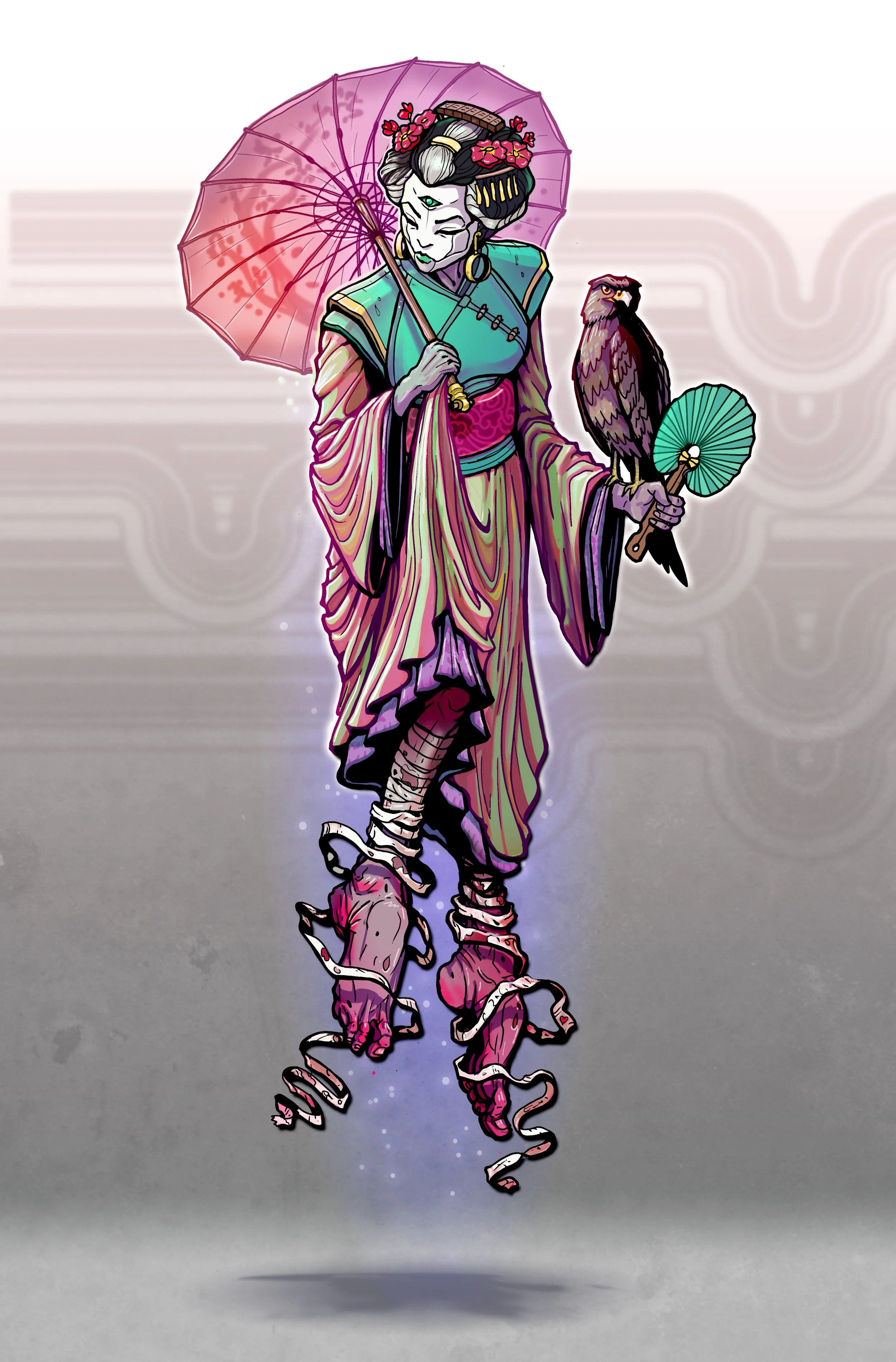 A colorful illustration of a woman dressed in traditional Japanese kimono and geta sandals, holding a pink parasol and a hand fan with a bird perched on her arm.
