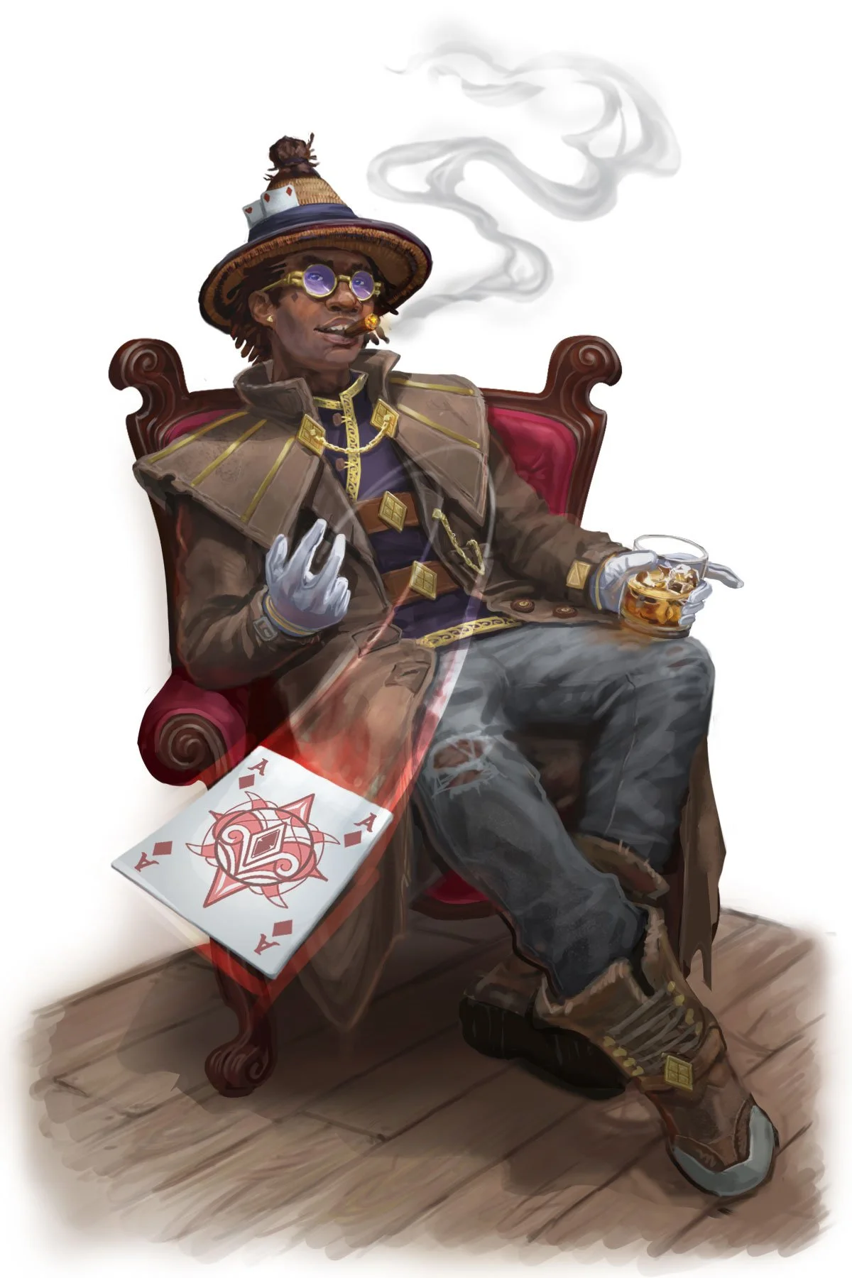 A man dressed in a fancy coat with gold details, sitting in a red velvet armchair. He wears round glasses, a hat decorated with playing cards, and smokes a cigar. He holds a glass of whiskey in one hand, with a large ace of diamonds playing card hang