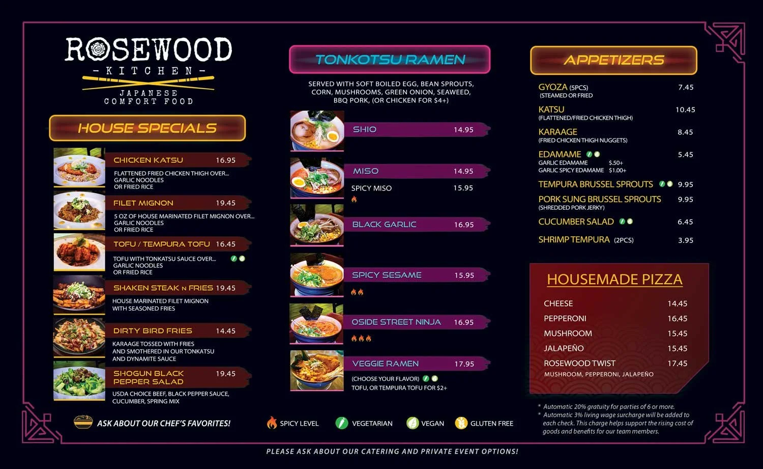 Menu from Rosewood Kitchen featuring house specials, ramen, appetizers, and housemade pizza with item names, prices, and descriptions, including vegetarian, vegan, gluten-free options, and spice levels.
