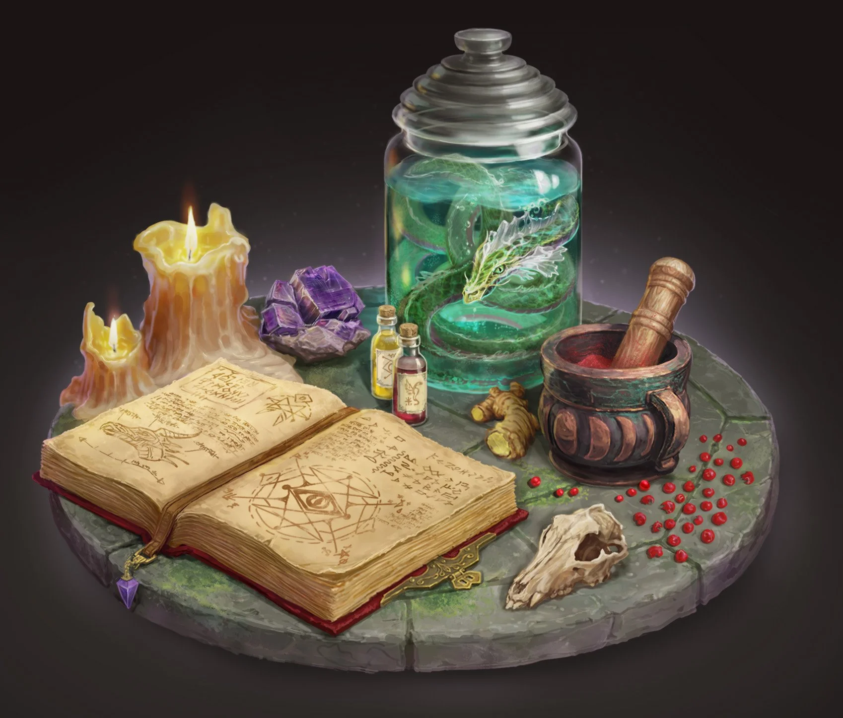 A mystical potion setup with an open spellbook, two candles, purple crystals, small bottles with liquids, a jar with a green coiled snake, ginger root, red berries, a skull, and a mortar with a pestle, all arranged on a round stone platform.