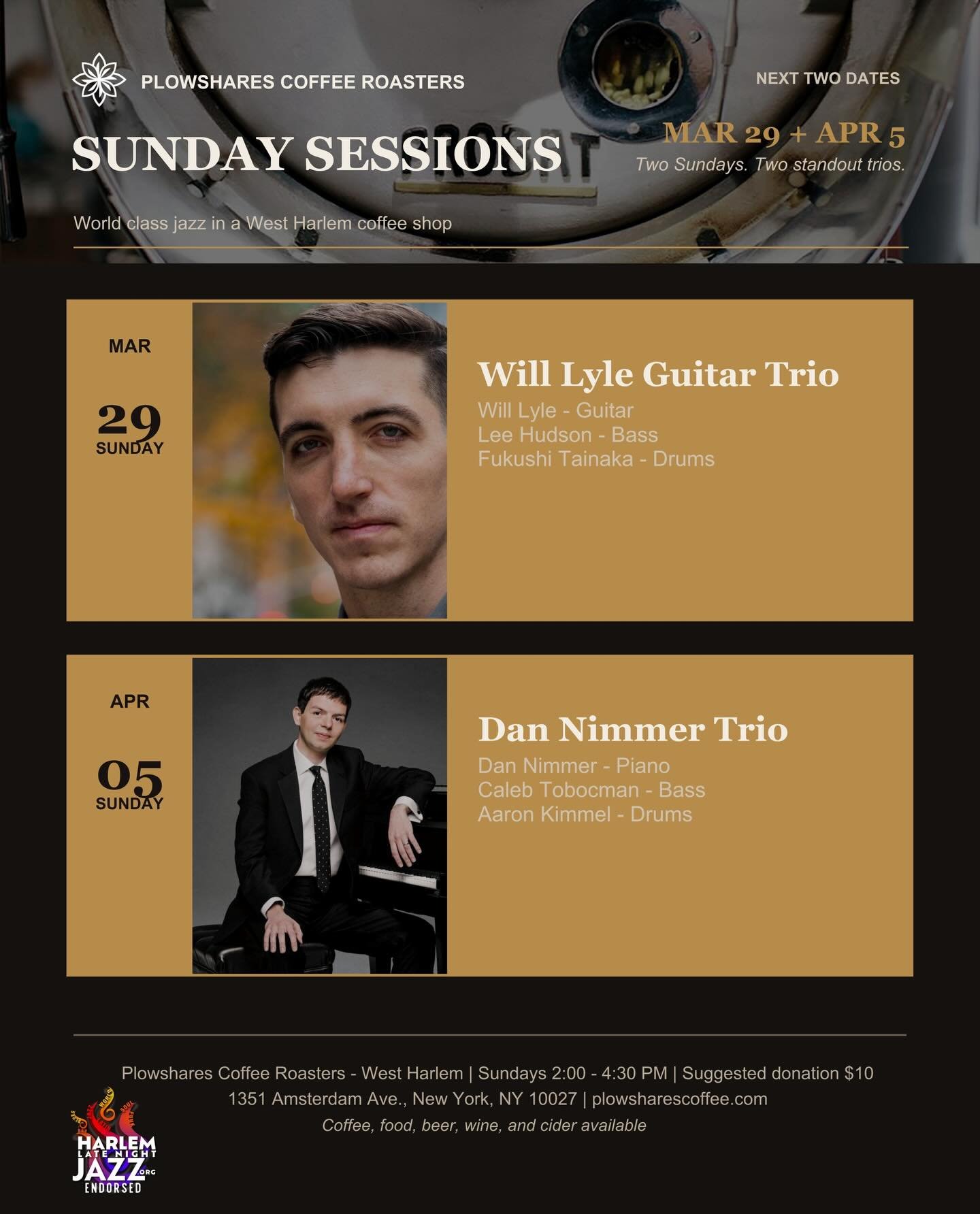 Harlem Late Night Jazz endorsed! 🎶

A brand new season of live jazz is here &mdash; every Sunday at Plowshares Coffee Roasters (@plowsharescoffee) in West Harlem!

Pull up this Sunday, April 5th &mdash; the incredible Dan Nimmer (@dannimmer), pianis