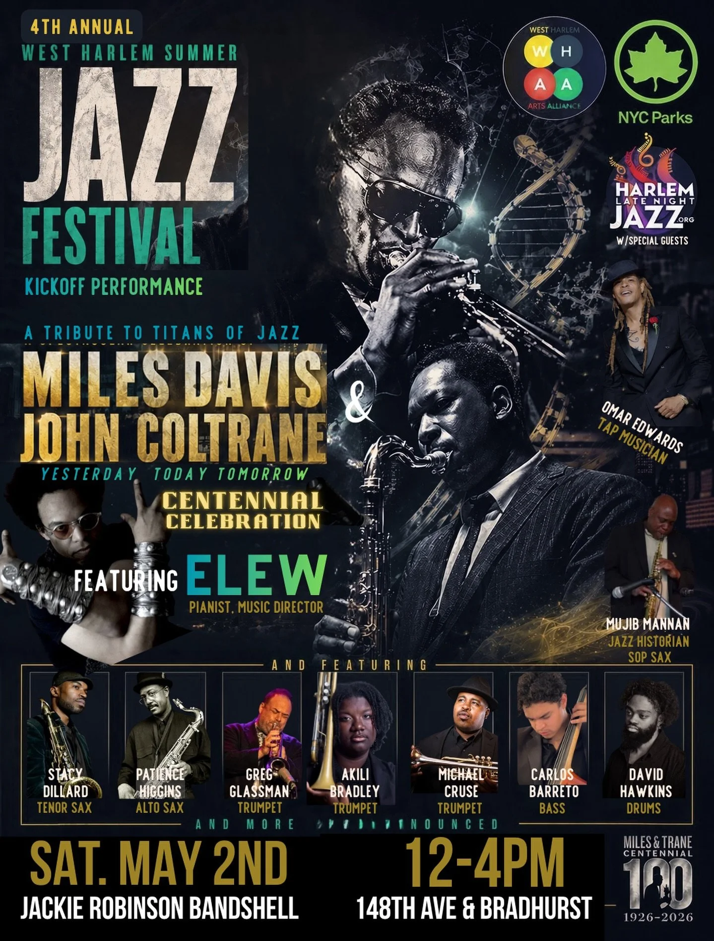 🎷 Harlem celebrates two giants of jazz 🎺

Tomorrow, Saturday May 2nd, the Jackie Robinson Bandshell pays tribute to two of the greatest musicians who ever lived: Miles Davis &amp; John Coltrane (@milesdavis / @johncoltrane) &mdash; Yesterday. Today