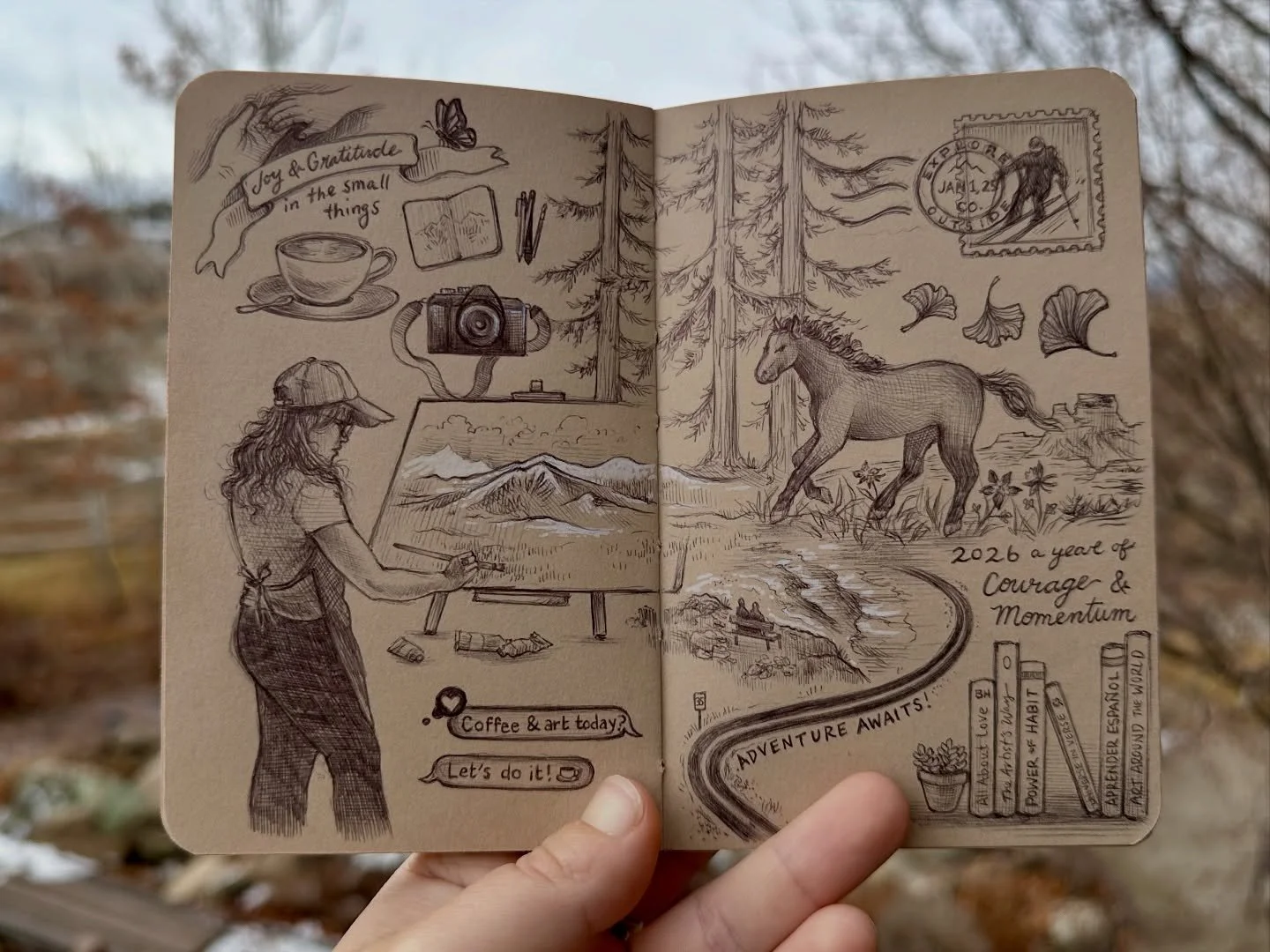 2026 sketchbook vision board - some things I&rsquo;d like to usher in more of during the upcoming months.

- more creativity &amp; art making (always!)
- more joy seeking and gratitude in the little things
- year of the horse: moving forward with cou