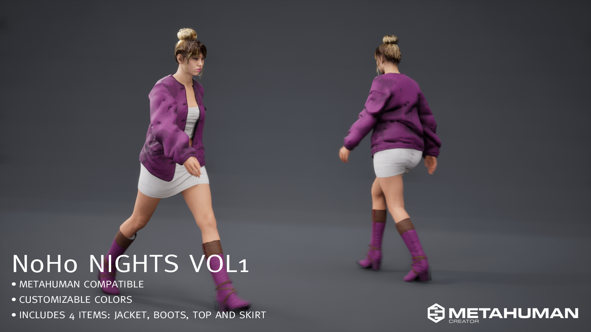This is a collection of containing 4 separate clothing items including a jacket, boots, top and skirt. All items are parametric and have native color customization built in to easily tailor the clothing to fit your project. These are ready-to-use wit