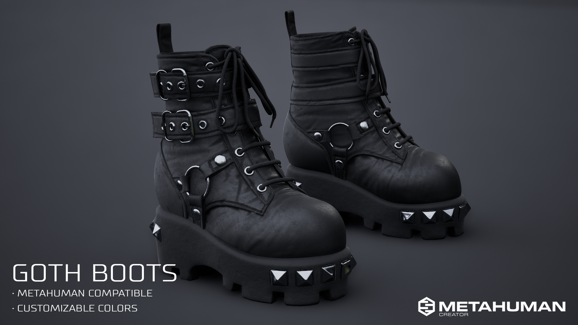 Elevate your MetaHuman wardrobe with these meticulously crafted black leather goth platform boots, designed to deliver both realism and a bold, modern edge. A flexible recoloring system allows for easy customization without sacrificing material integ