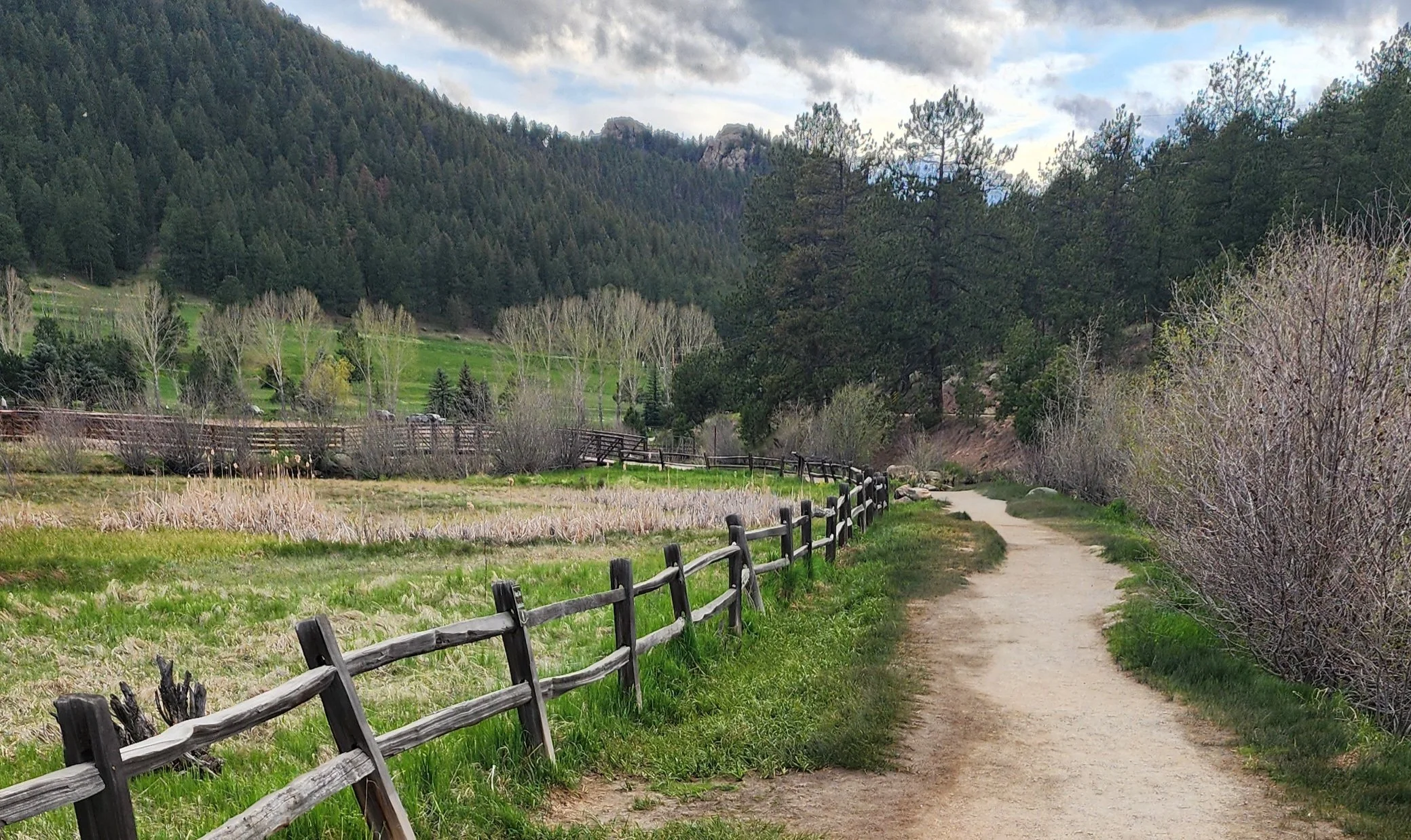 Trail winding through a green meadow with rustic wooden fence, symbolizing grounded guidance and balance in developing leadership strengths