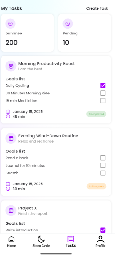 Screenshot of a mobile app displaying a task management dashboard with tasks, progress indicators, and navigation menu.